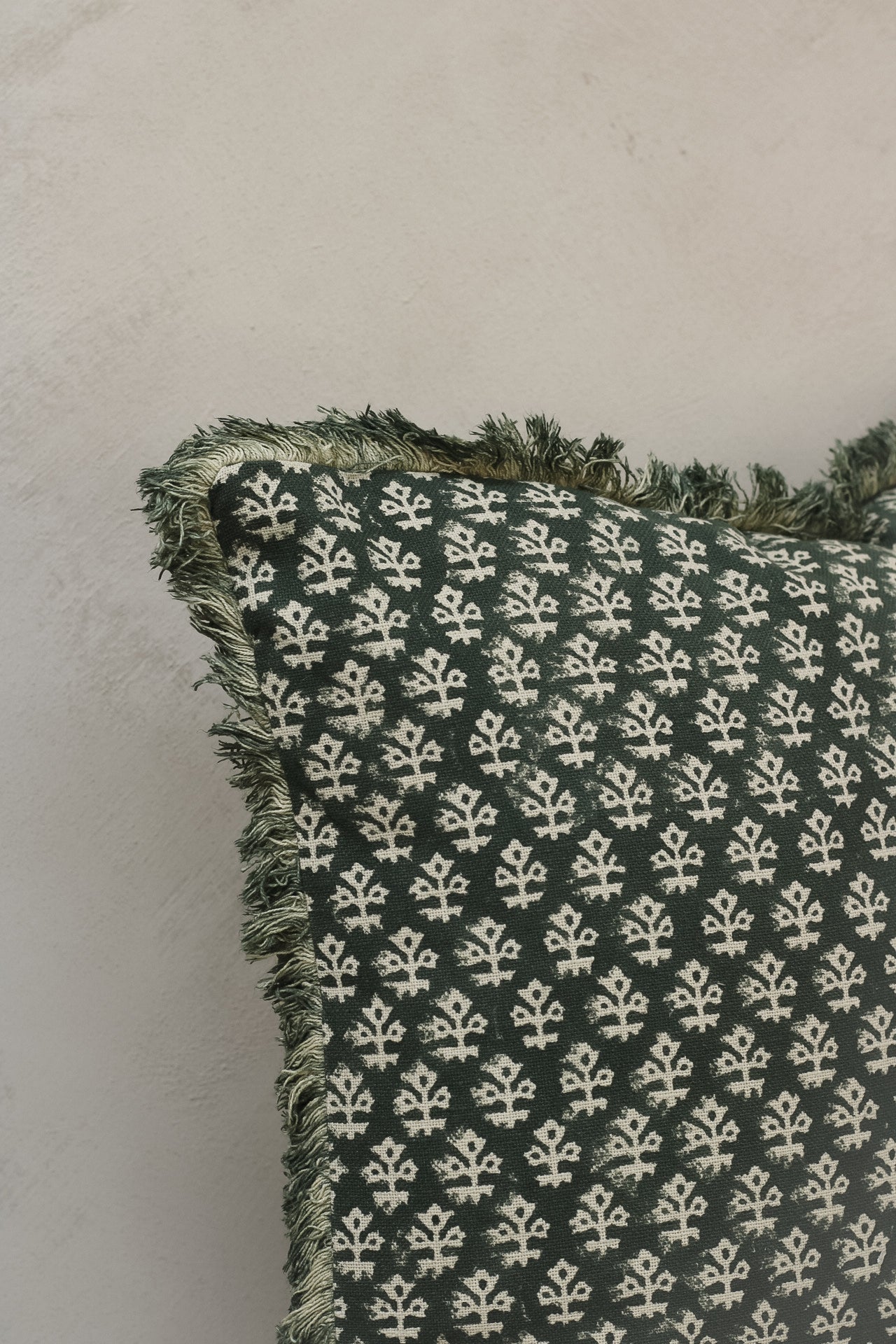 Hunter Green Block Print Fringed Cushion