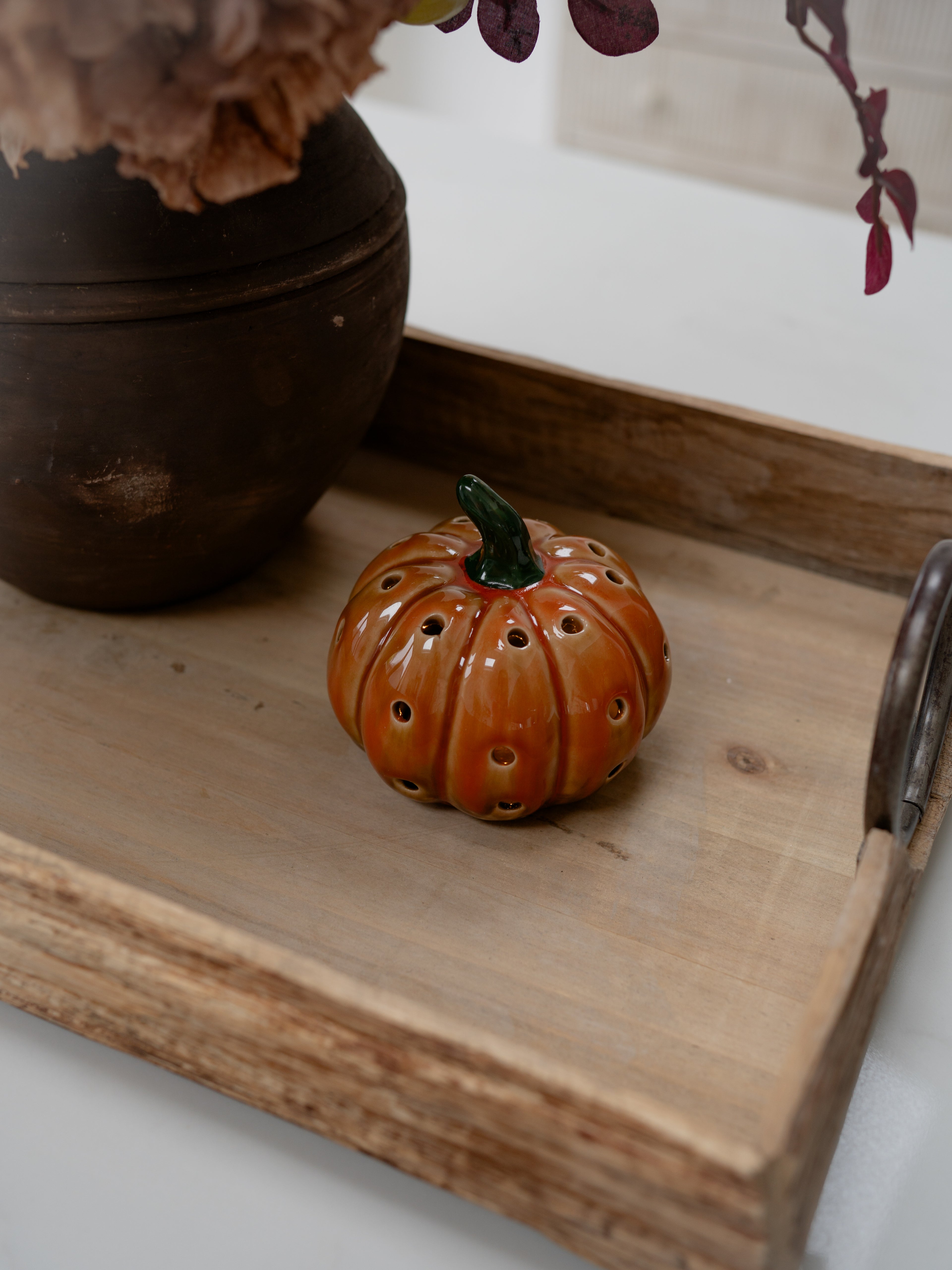Stoneware LED Polka Dot Pumpkin Ornament