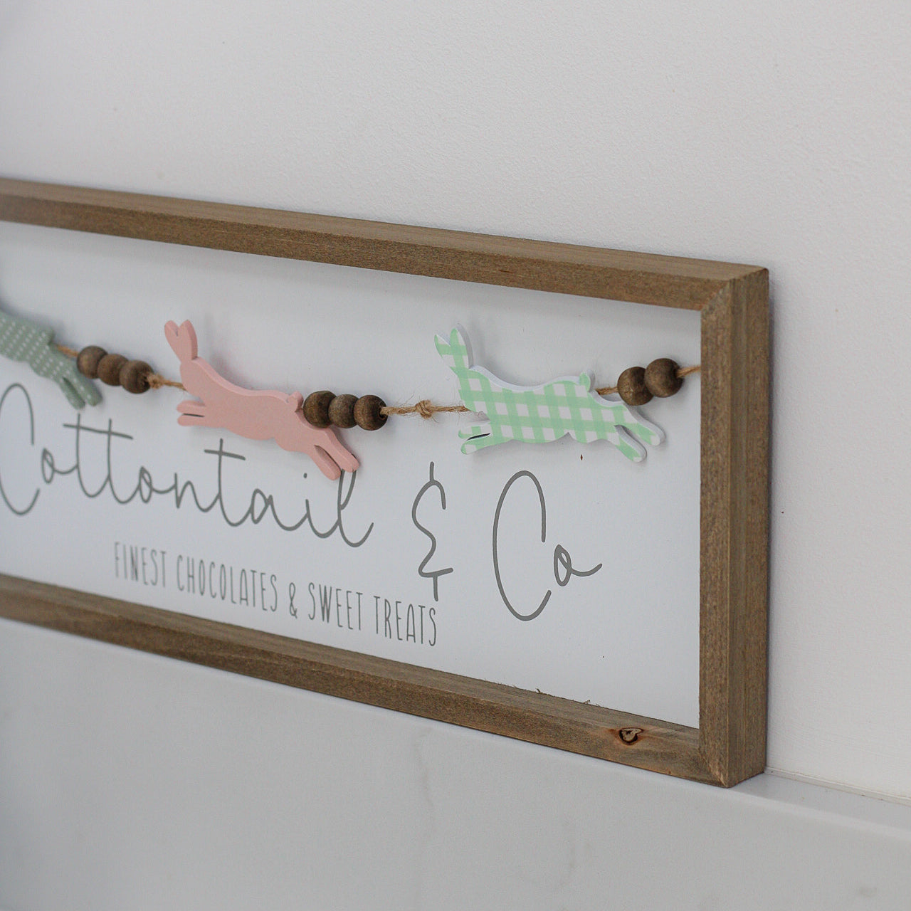 close up of Cottontail & Co Bunny Framed Rustic Plaque