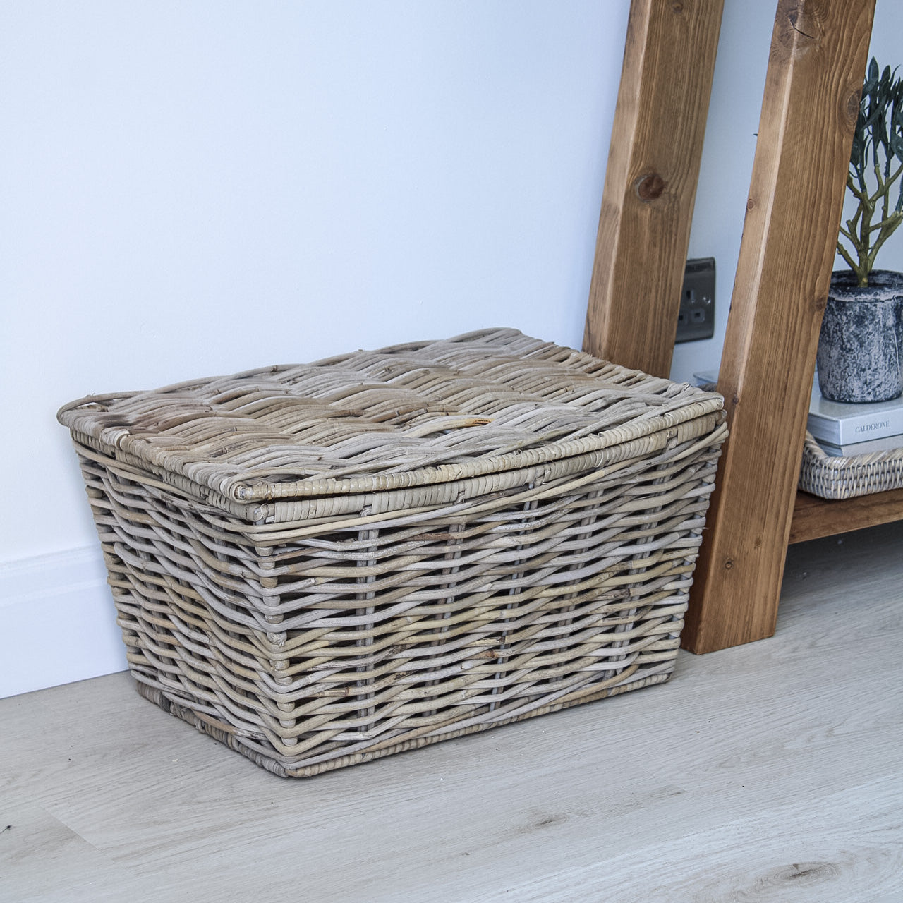 Grey Washed Lidded Rattan Wicker Basket