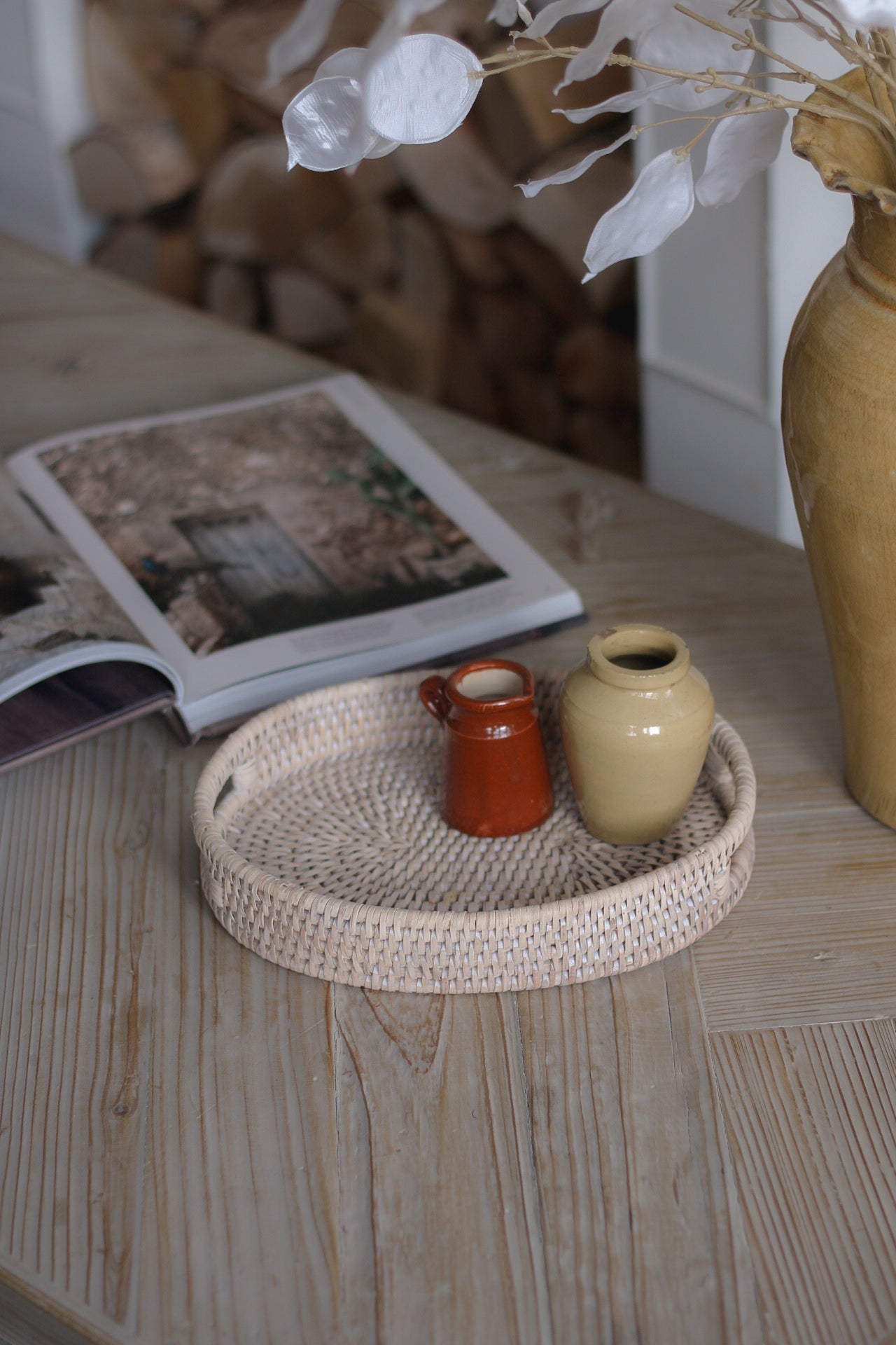 White Washed Rattan Small Oval Tray
