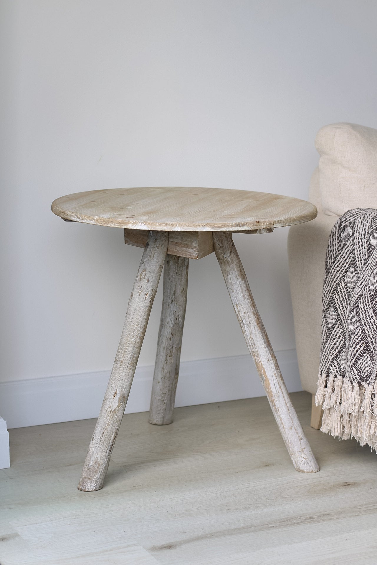 Grey Washed Round Wooden Tripod Side Table