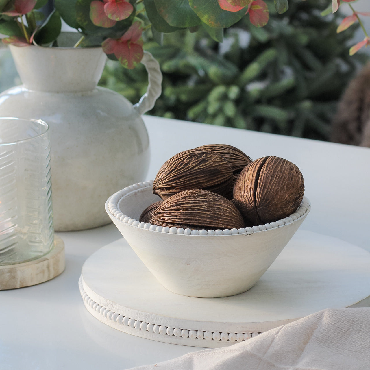 White Rustic Beaded Wooden Bowls