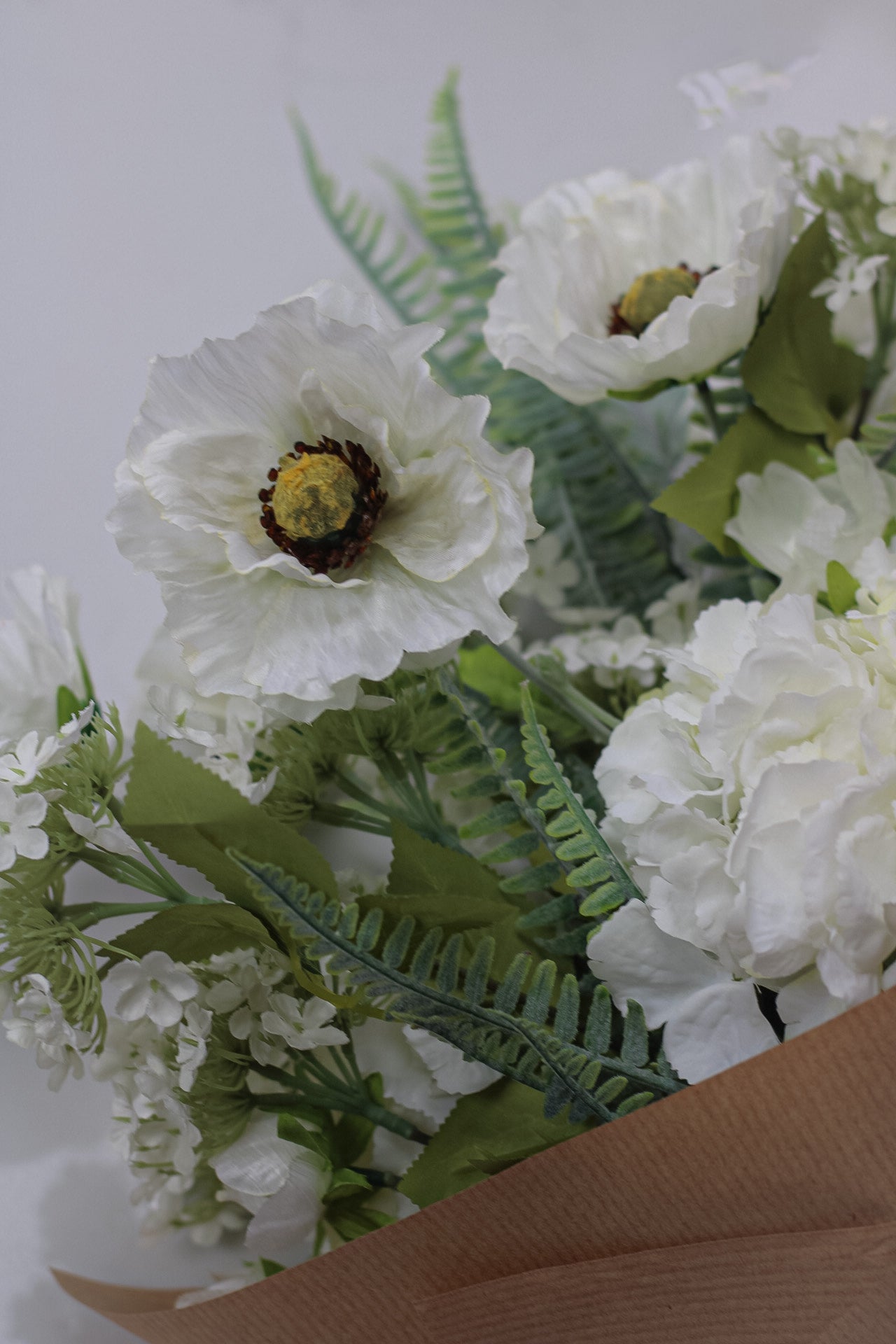 Faux Ivory Hydrangea and Country Poppy Arrangement