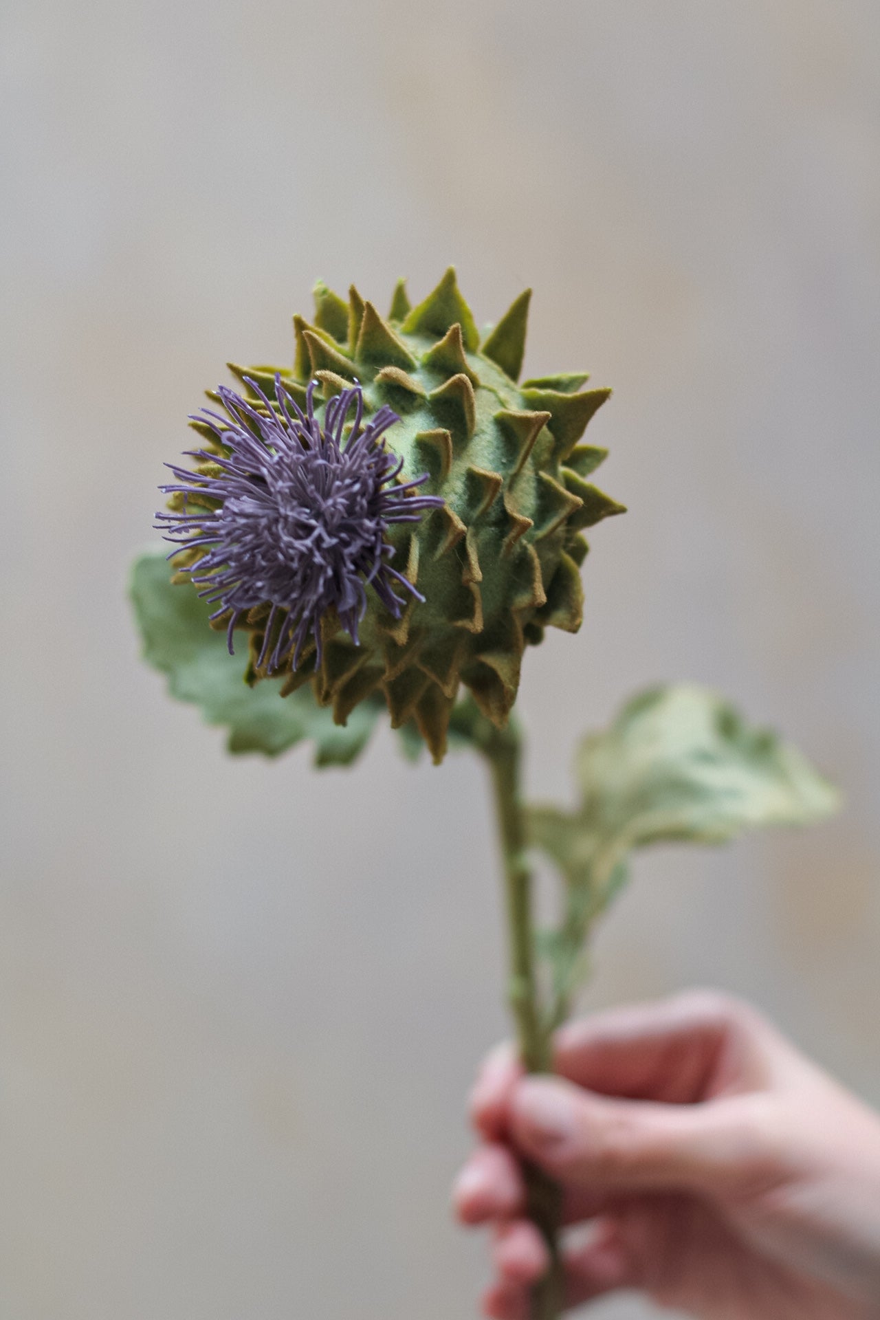 Faux Flocked Thistle Spray with Leaves