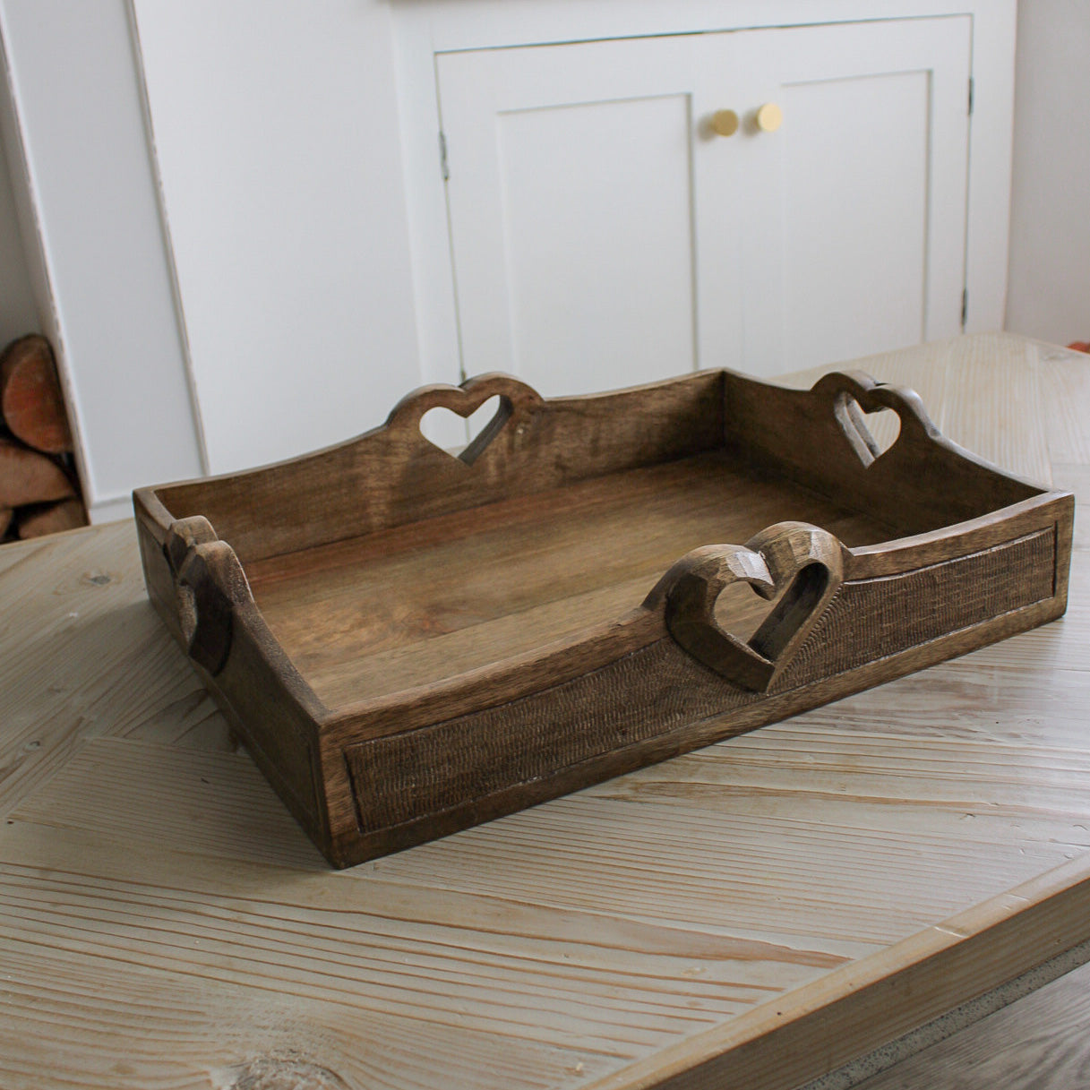 Mango Wood Rectangular Tray with Hearts