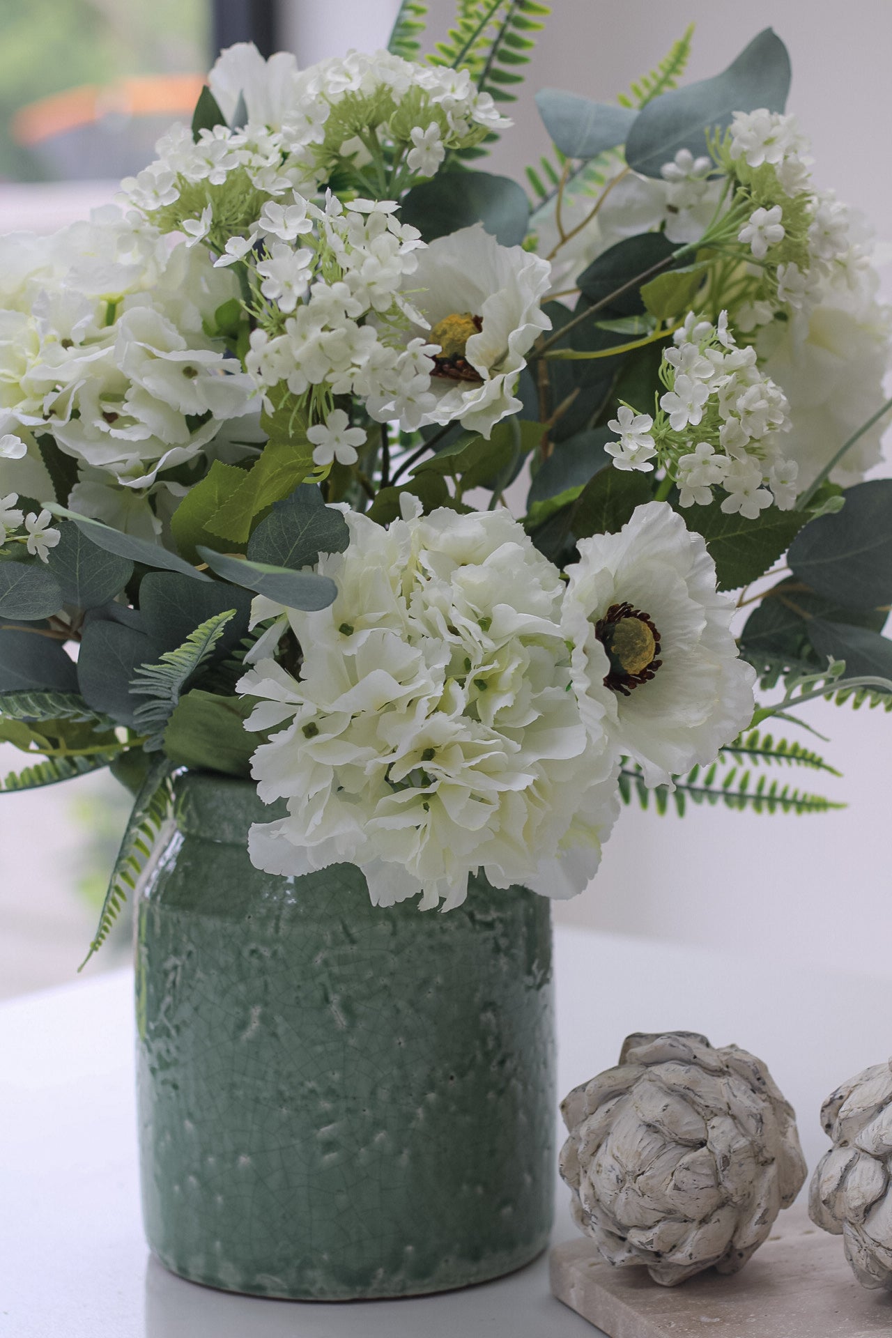 Faux Ivory Hydrangea and Country Poppy Arrangement