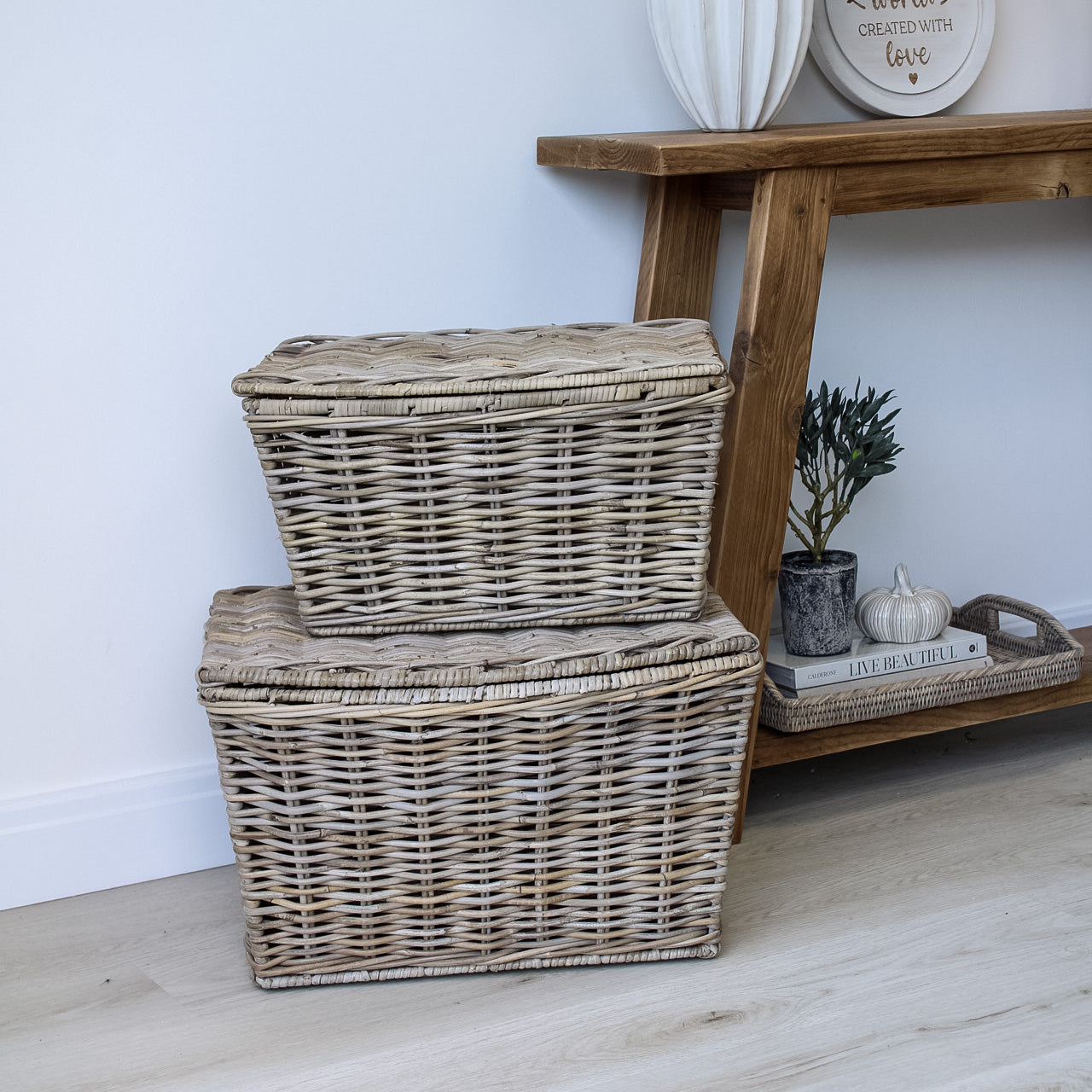 Grey Washed Lidded Rattan Wicker Basket