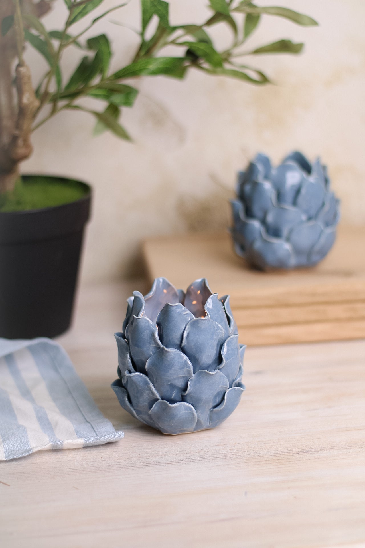 Blue Ceramic Artichoke Tea Light Holder