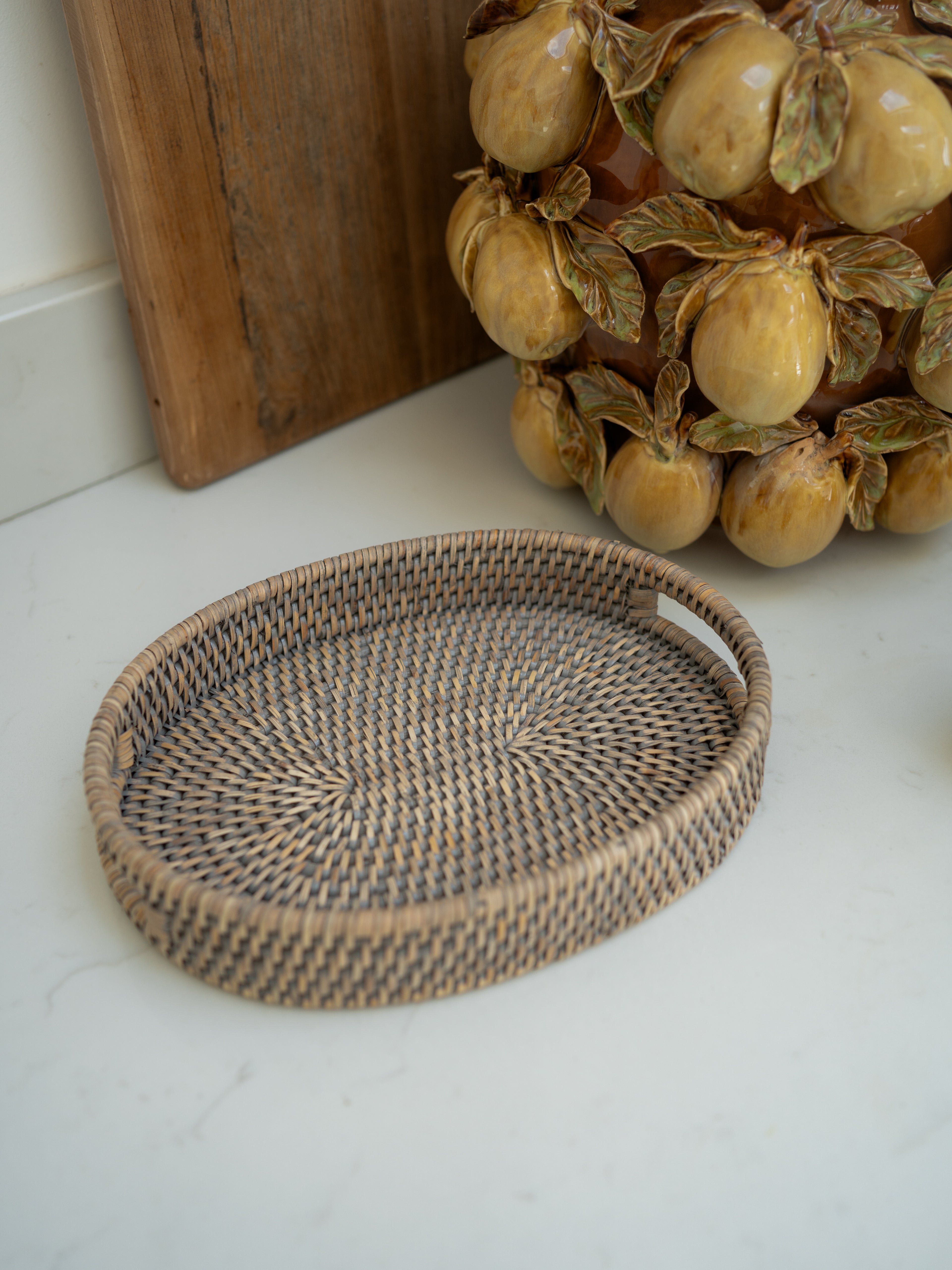 Grey Washed Rattan Small Oval Tray