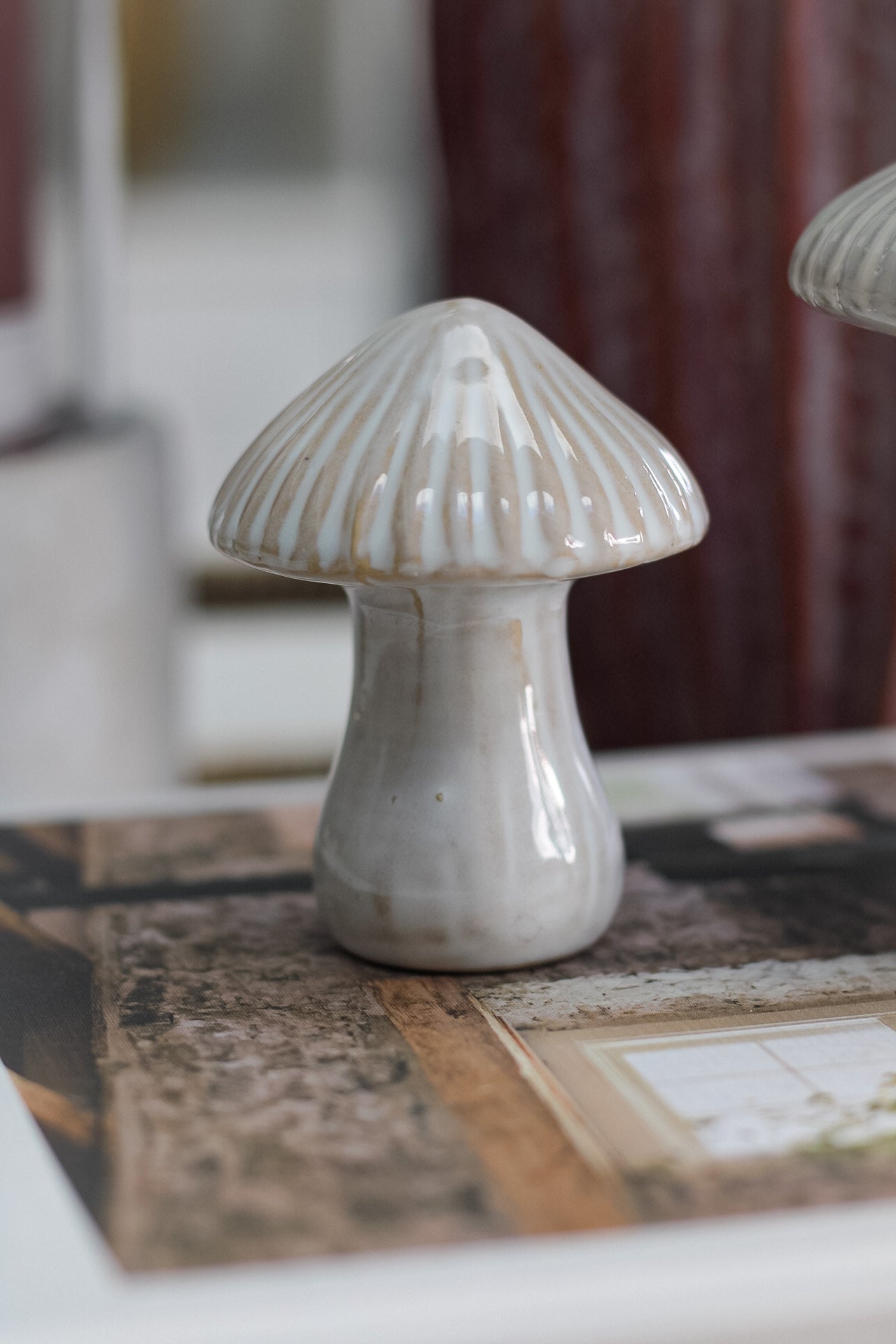 close up of small ceramic mushroom