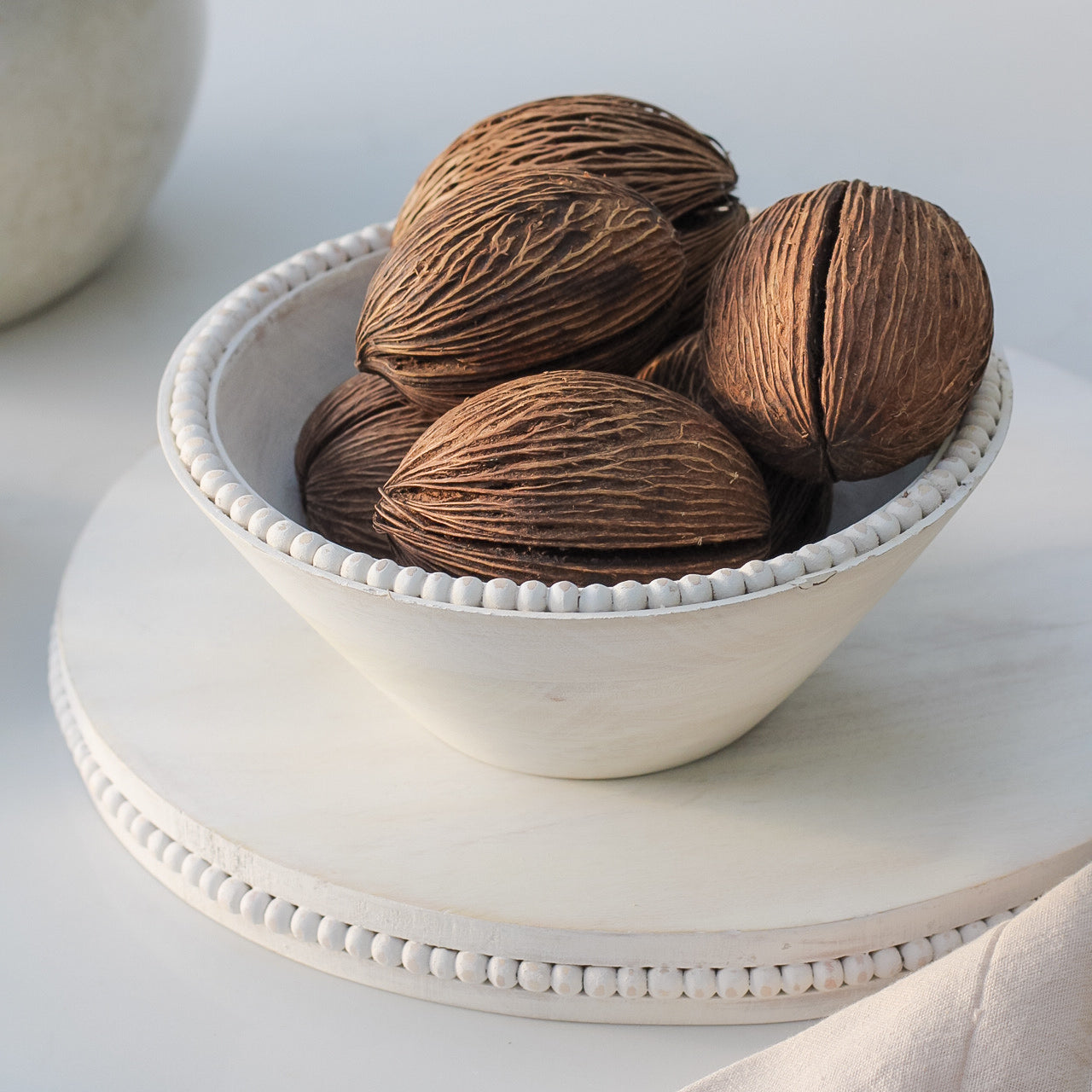 White Rustic Beaded Wooden Bowls