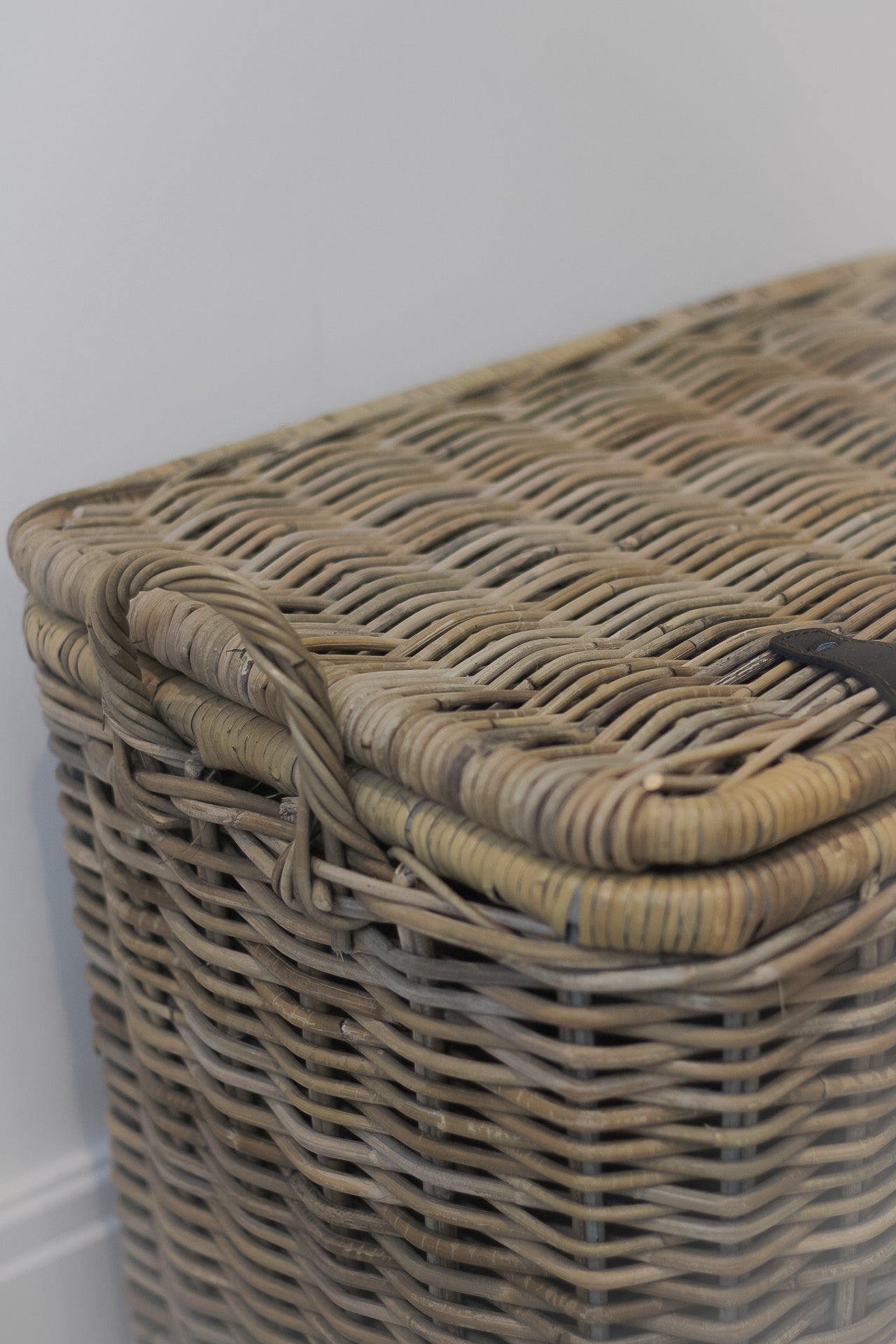 up close of handles of wicker storage trunk