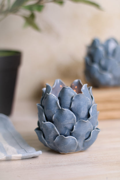 Blue Ceramic Artichoke Tea Light Holder