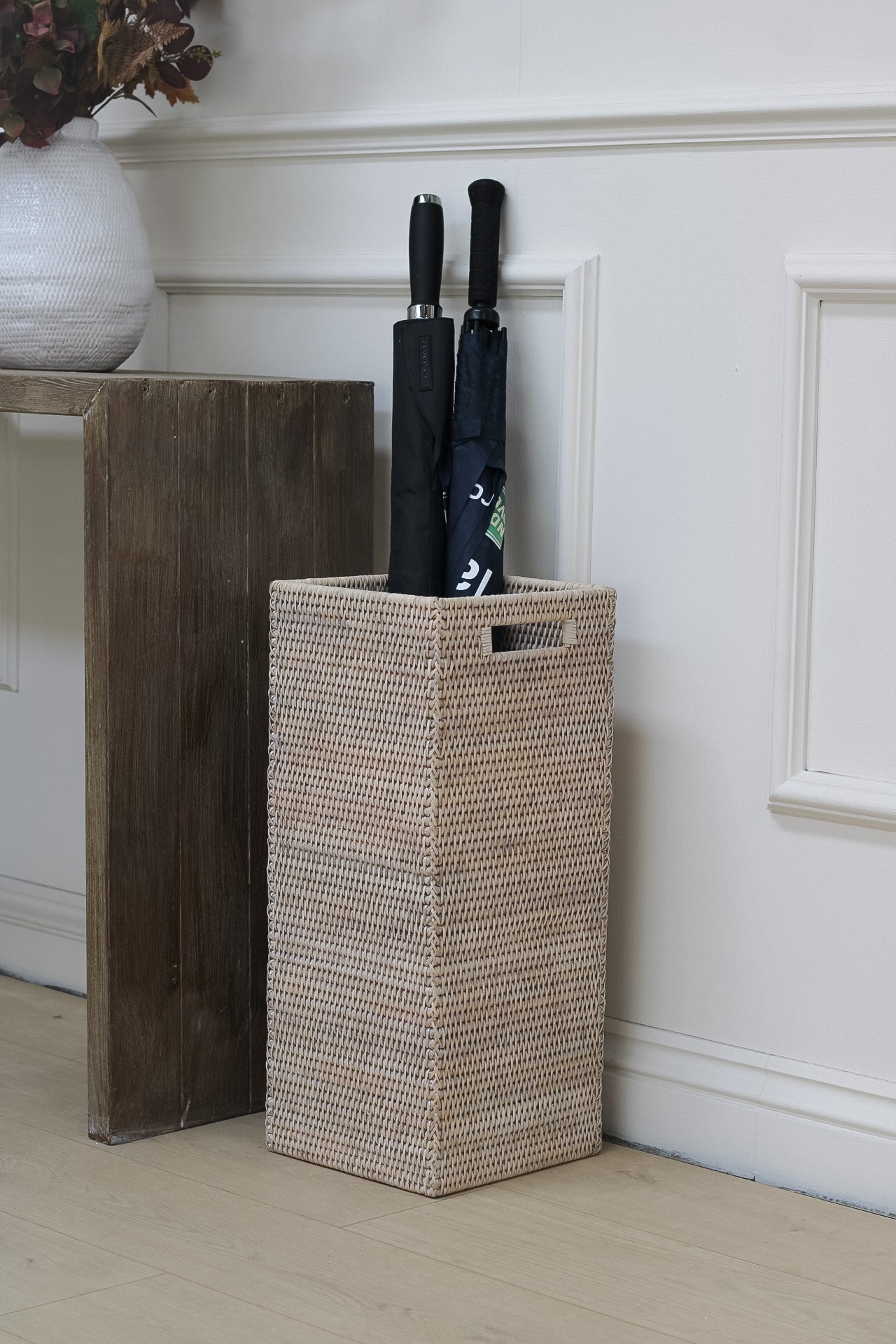 White Washed Rattan Umbrella Basket