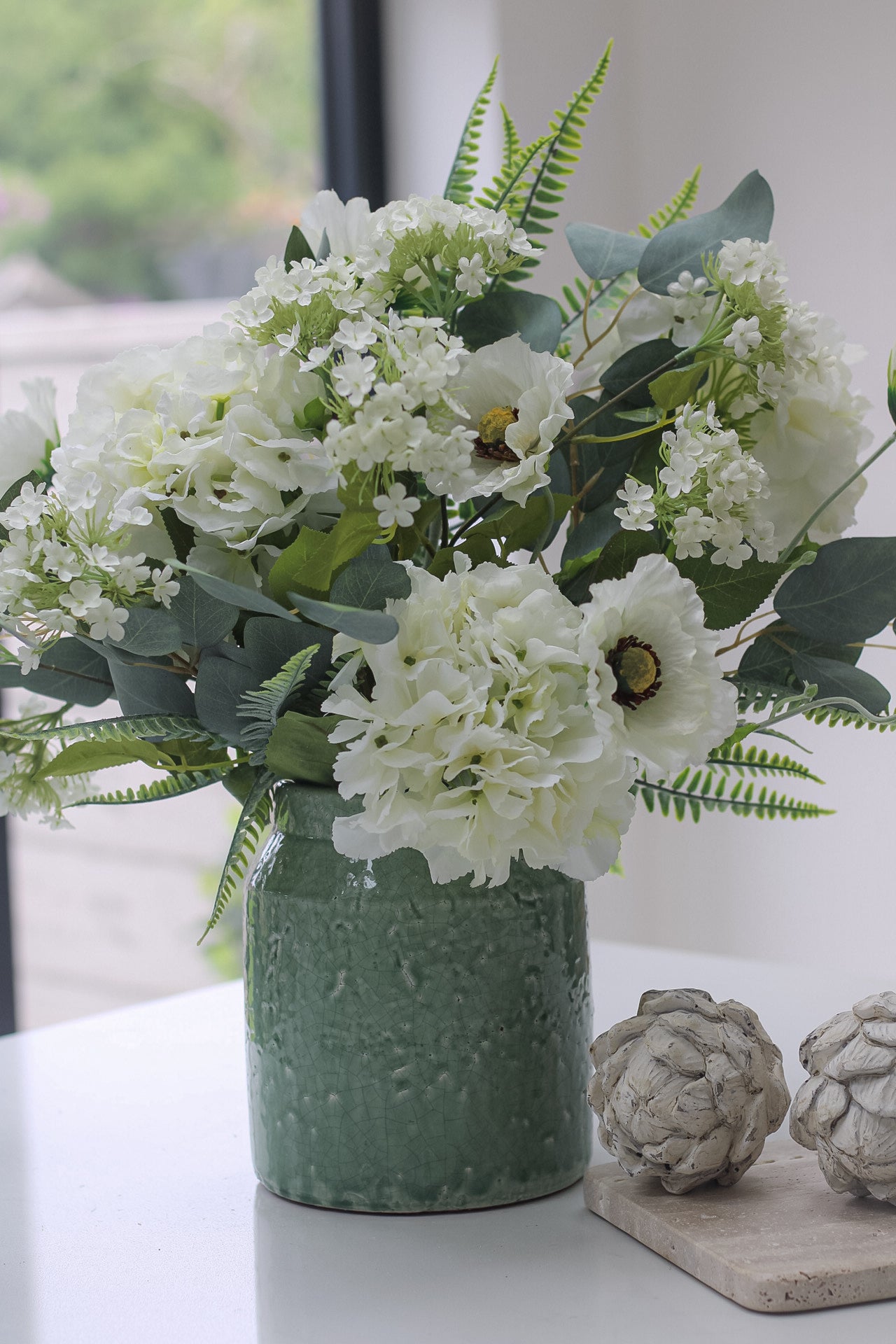 Faux Ivory Hydrangea and Country Poppy Arrangement