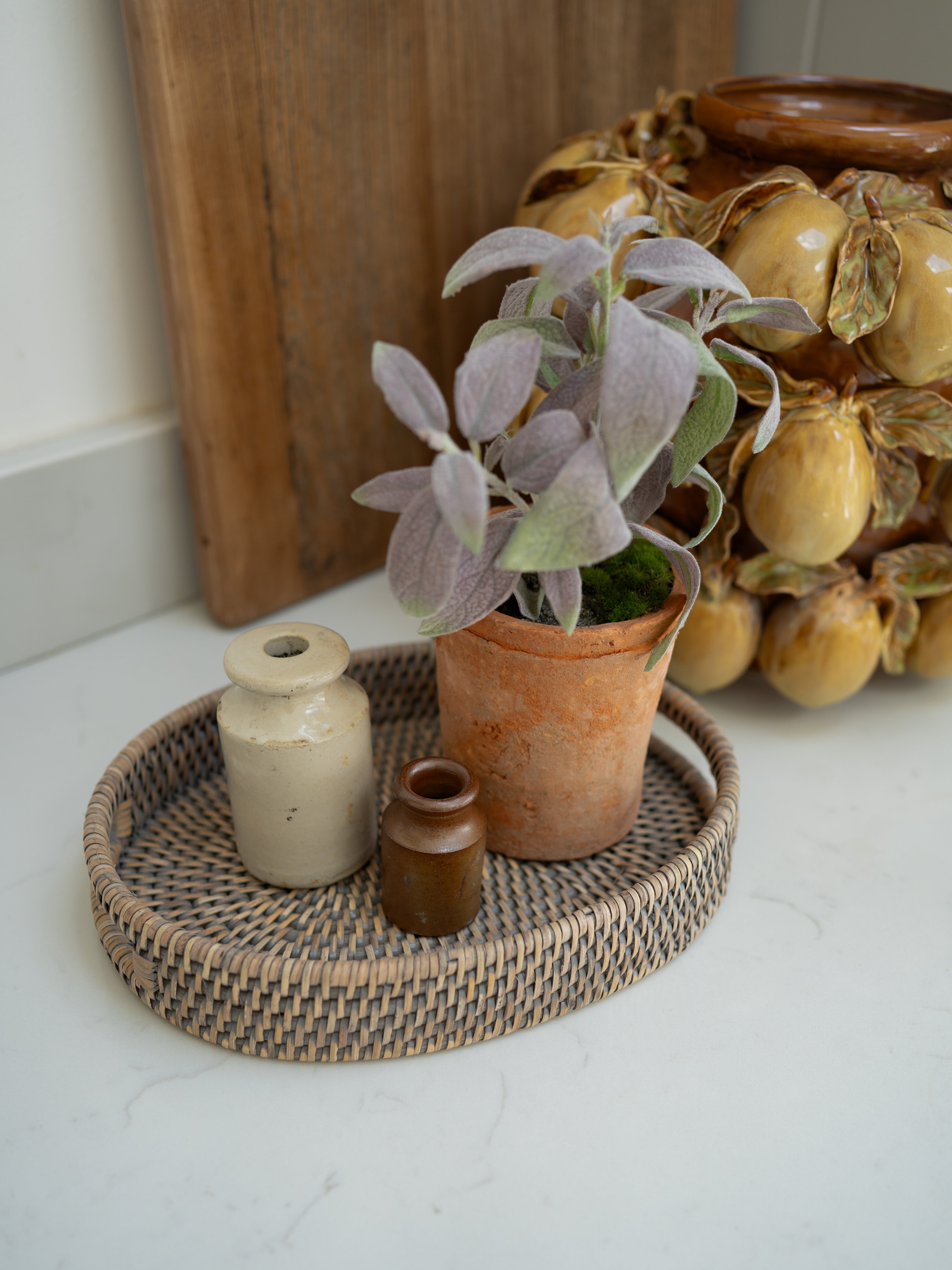Grey Washed Rattan Small Oval Tray
