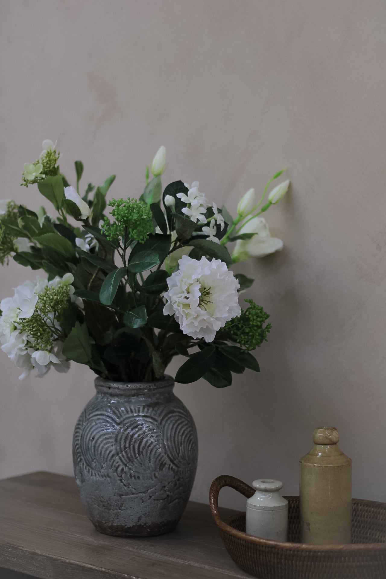 Faux White Woven Garden Floral Arrangement