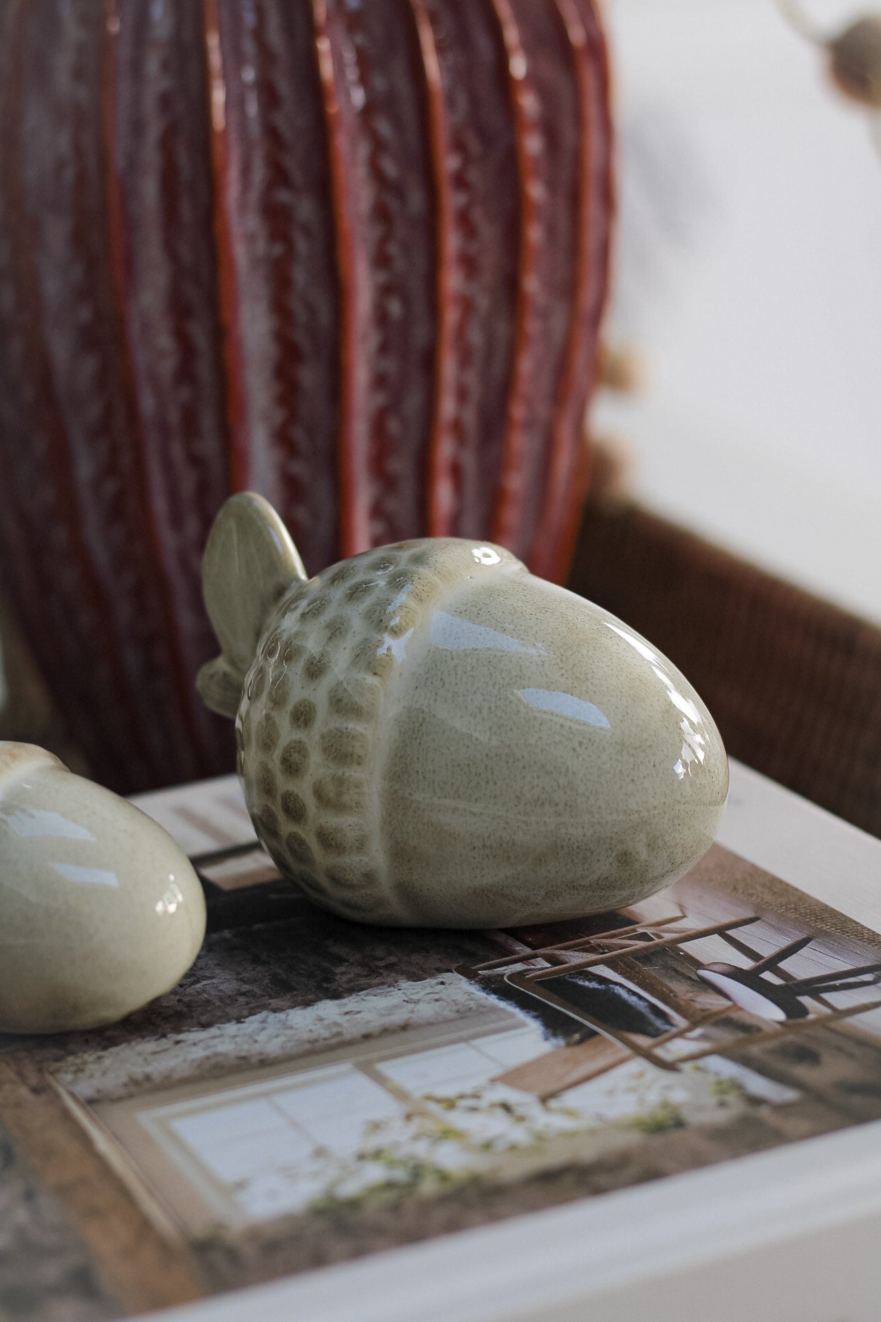 close up of large ceramic acorn