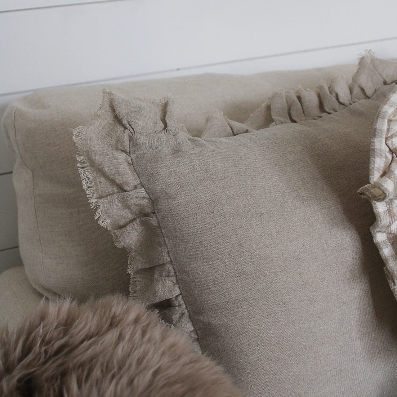 Natural Linen Ruffle Square Cushion