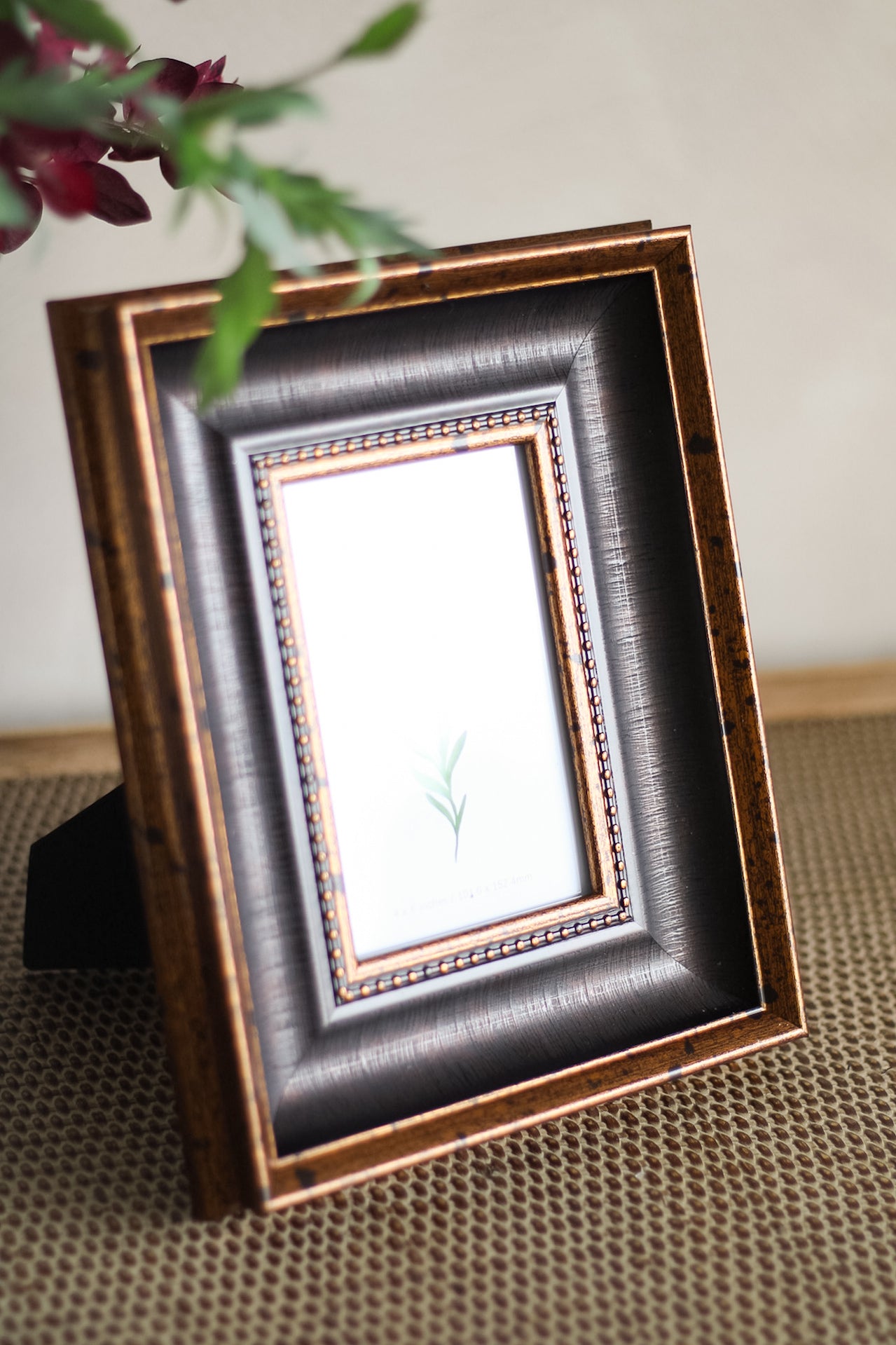 Decorative picture frame with a plant in the background