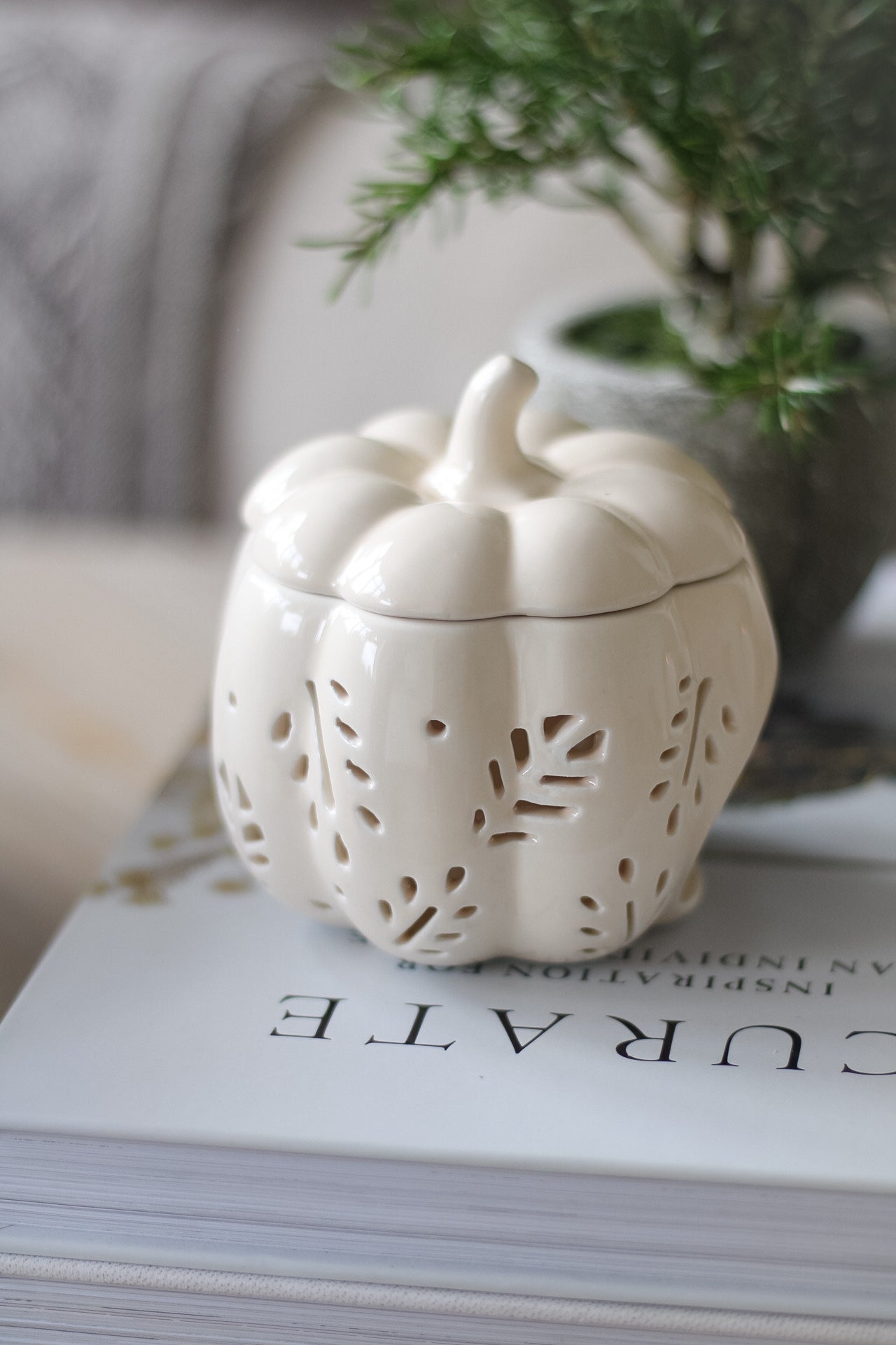 White Autumn Leaves Pumpkin Ceramic Wax Burner