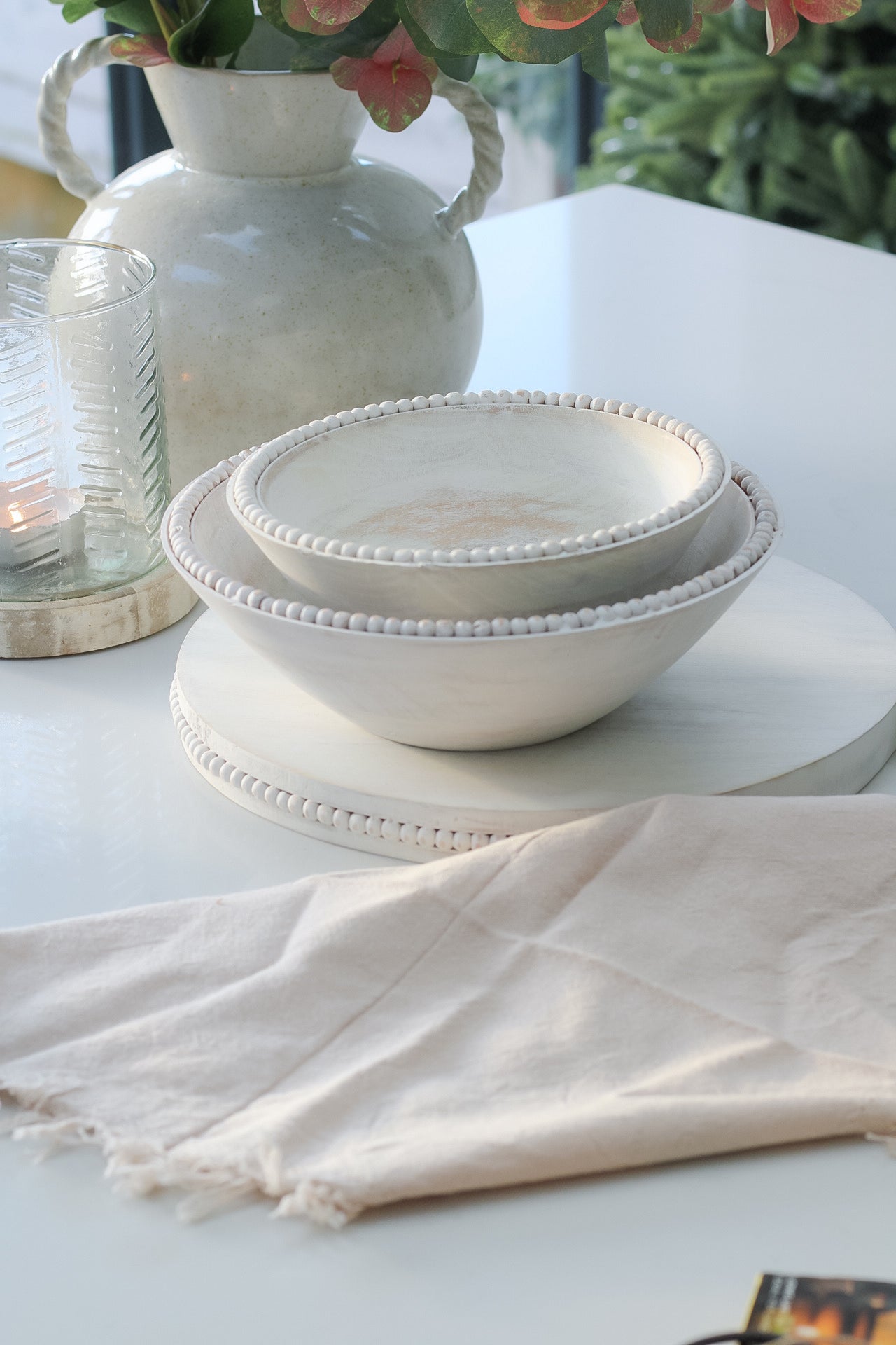 White Rustic Beaded Wooden Bowls