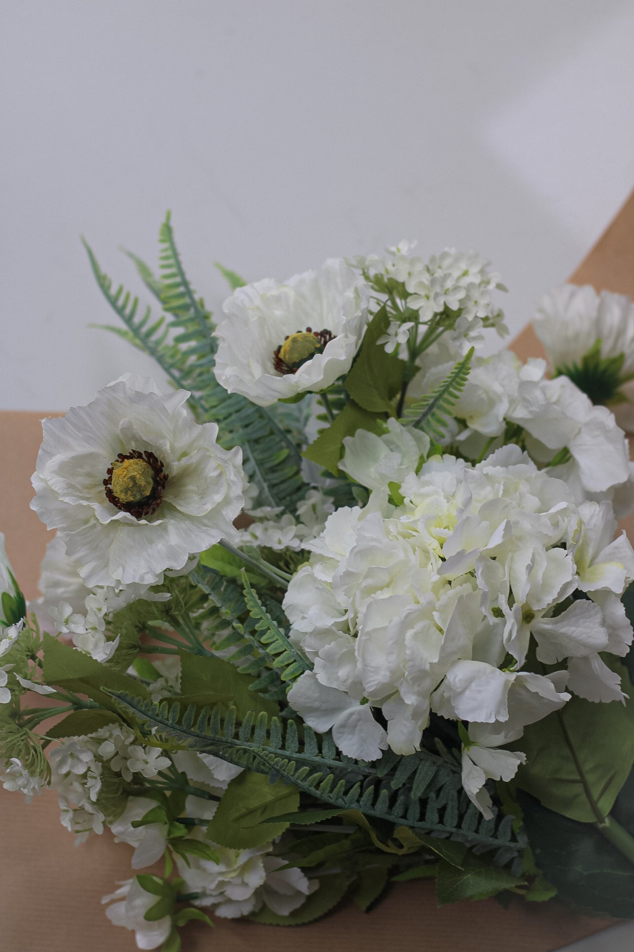 Faux Ivory Hydrangea and Country Poppy Arrangement