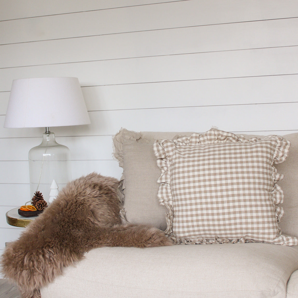 Natural Linen Ruffle Square Cushion