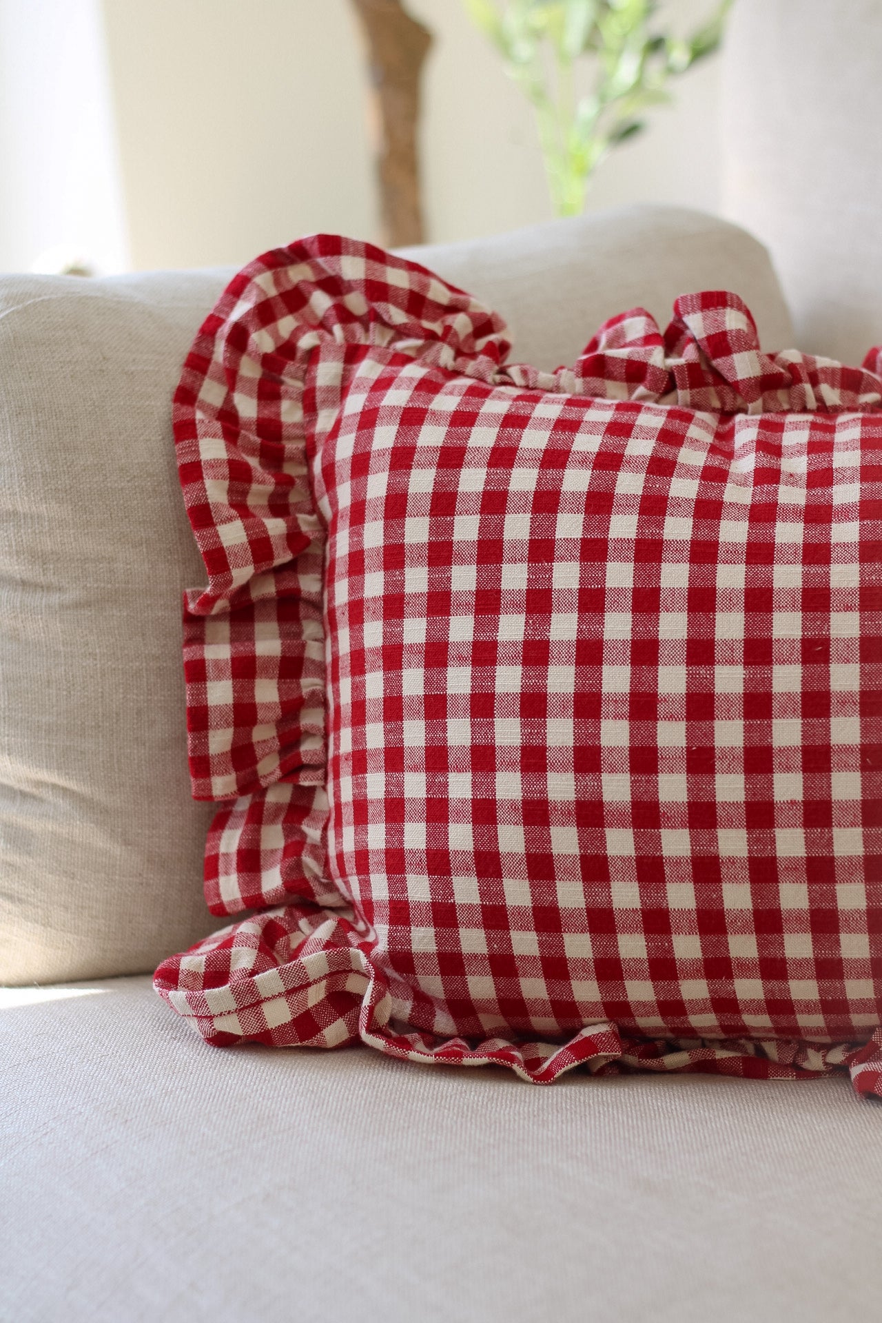 Red Gingham Ruffle Rectangular Cushion