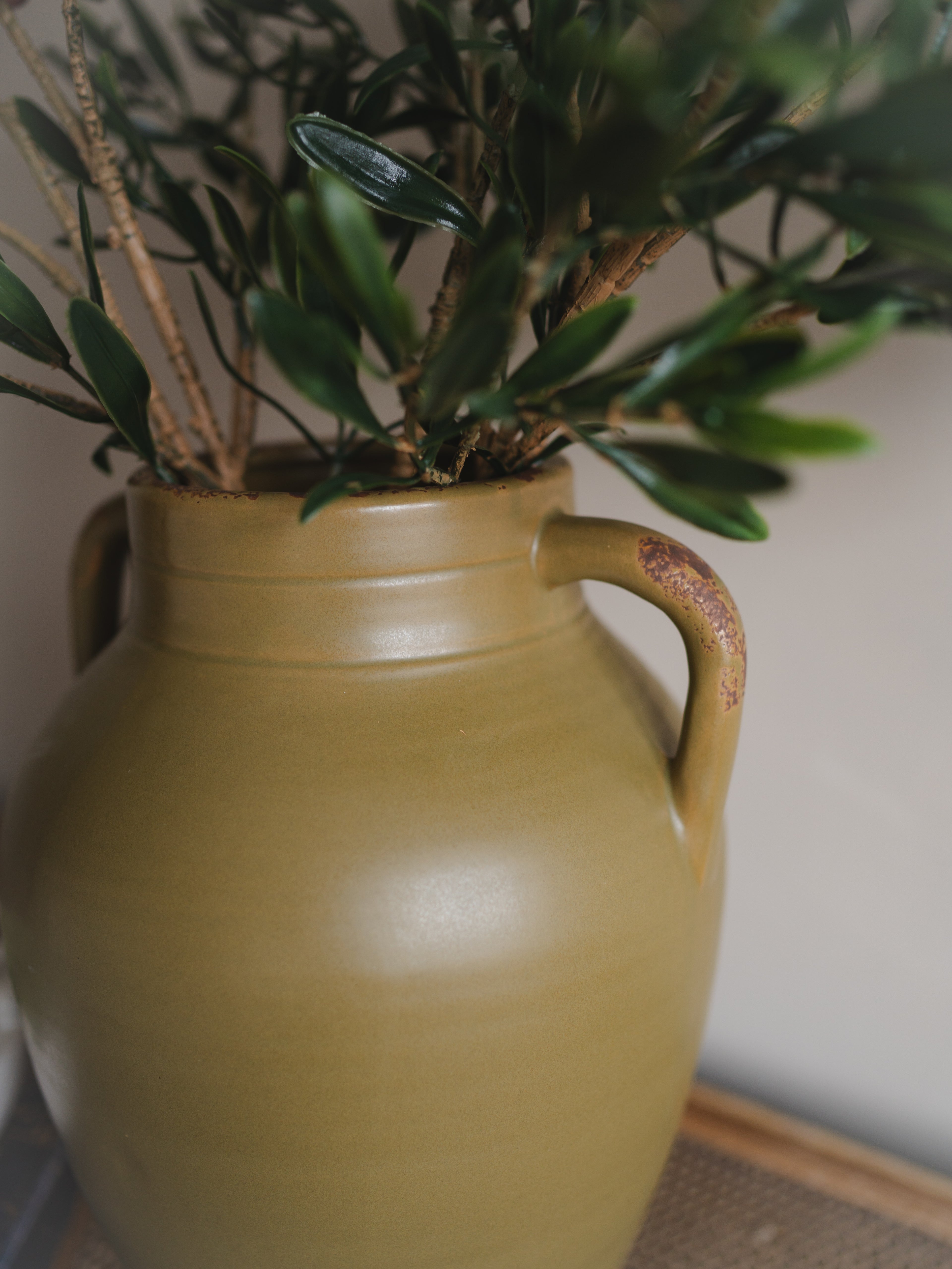 Olive Green Tall Vase with Dual Handles