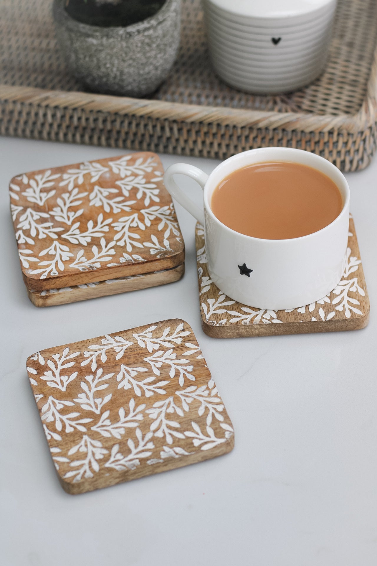 chunky white leaf patterned coasters
