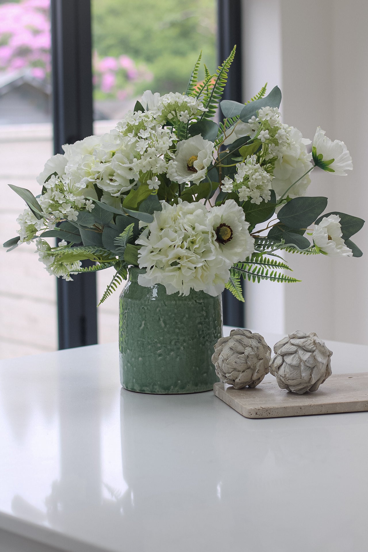 Faux Ivory Hydrangea and Country Poppy Arrangement