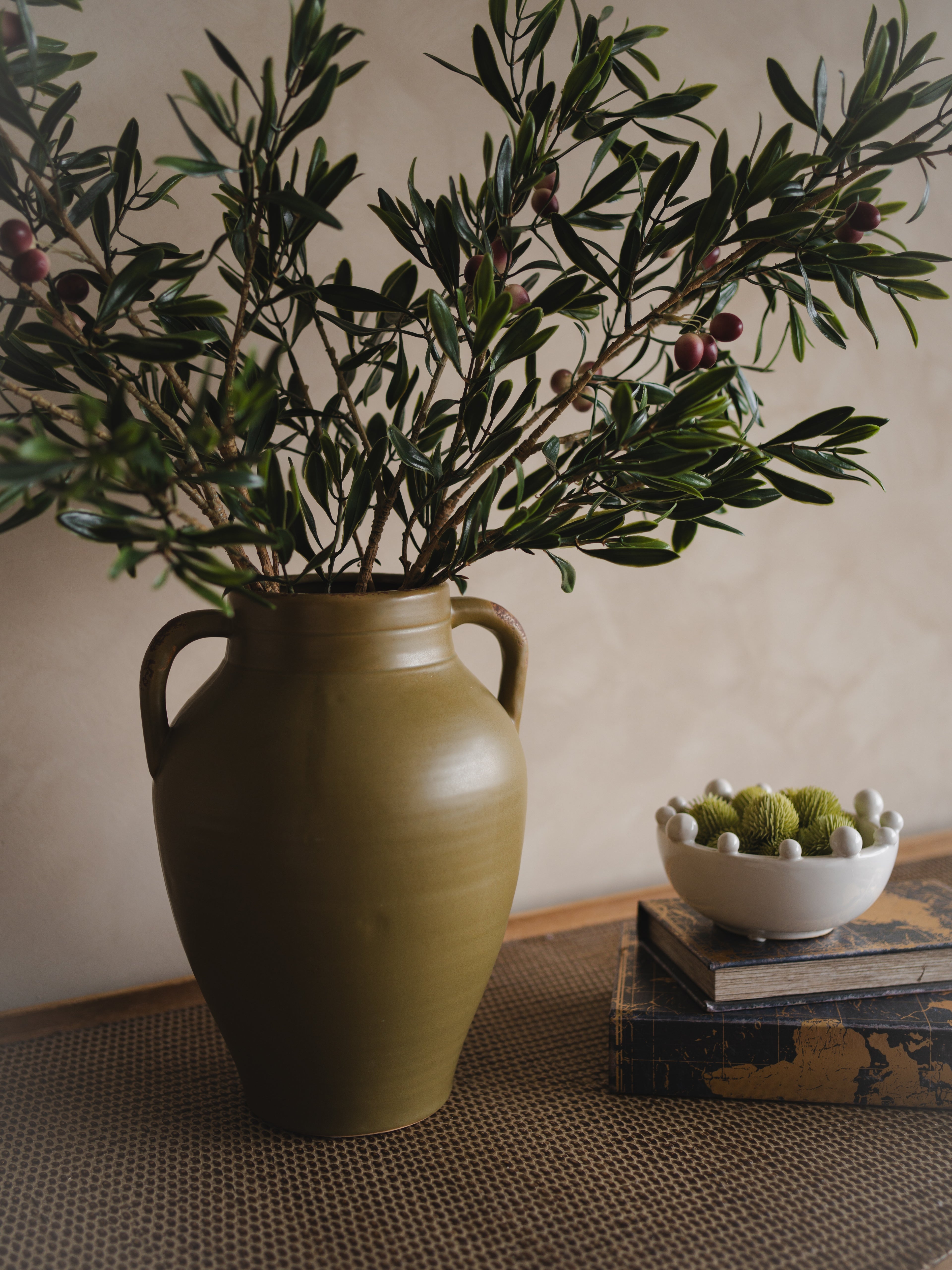 Olive Green Tall Vase with Dual Handles