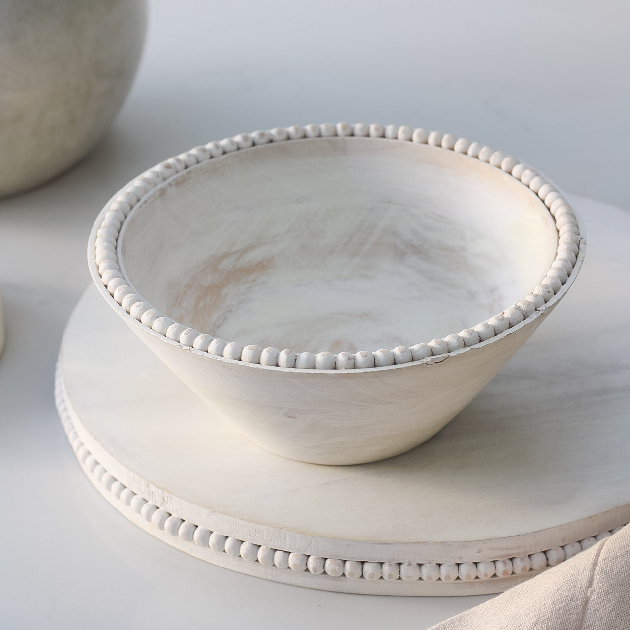 White Rustic Beaded Wooden Bowls