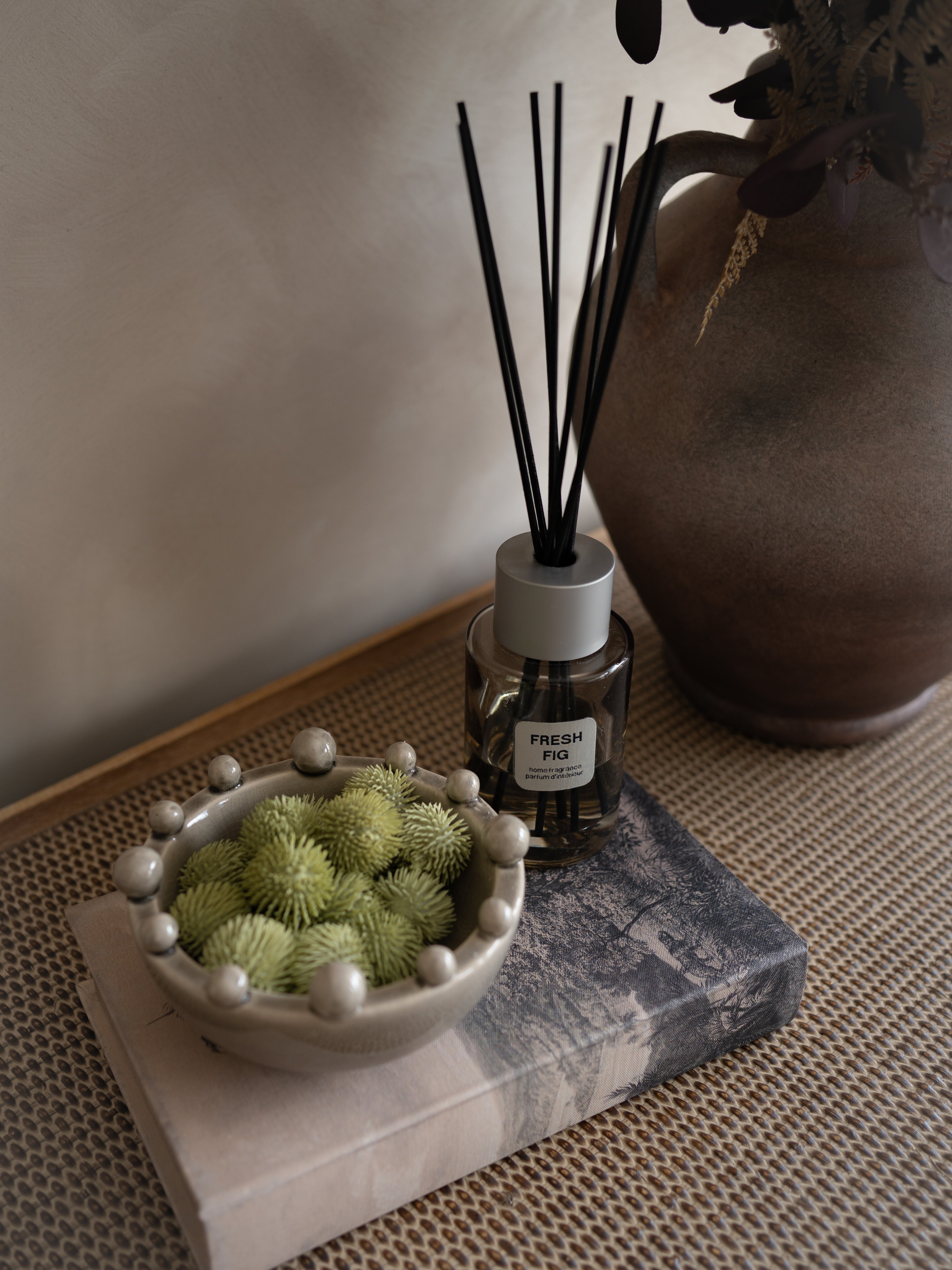 Small Grey Bobble Bowl, Fresh Fig Reed Diffuser and Faux Echinops Styling Bundle