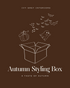 Autumn-themed product packaging with a box, pumpkin, ghost, and bats on a brown background.