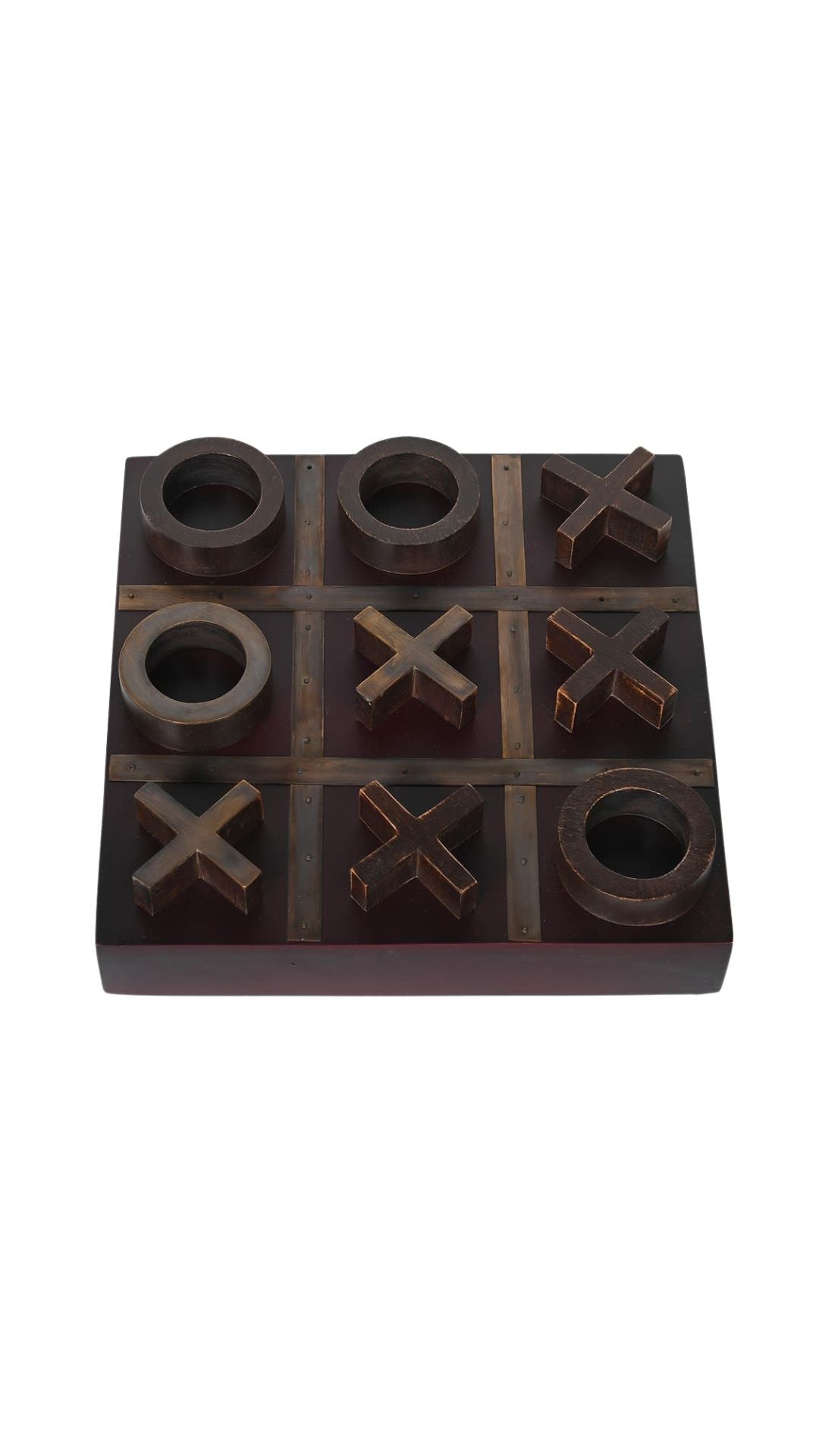 Wooden tic-tac-toe game set on a white background