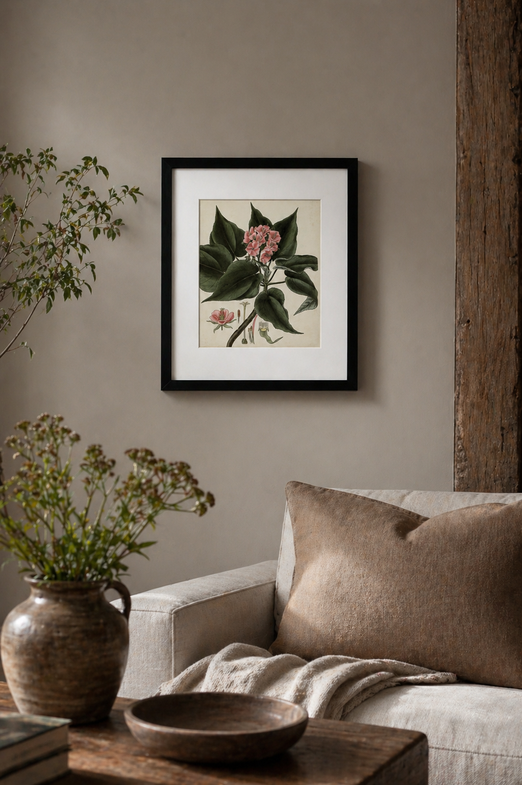 antique botanical style black wooden framed art work