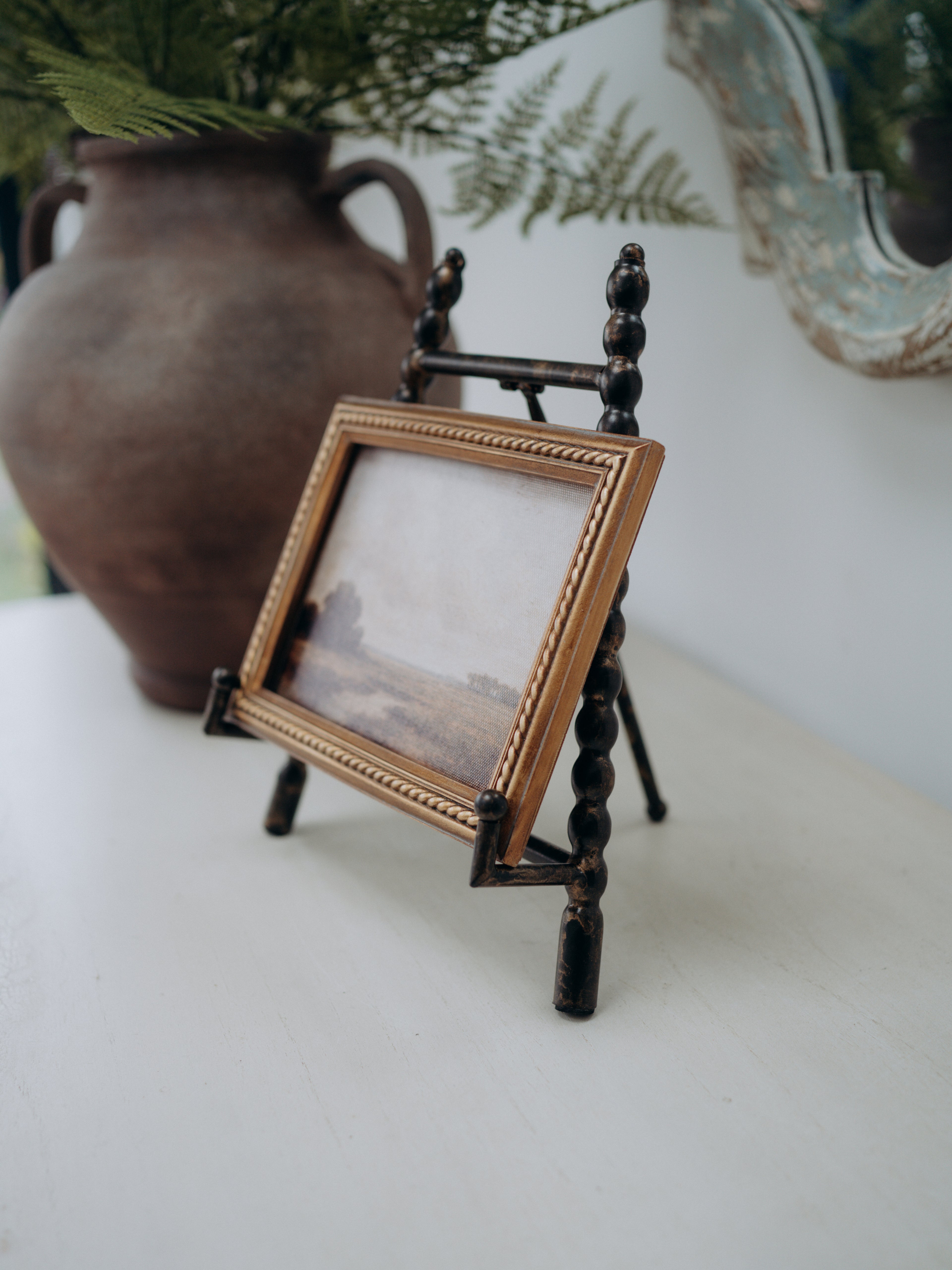 Antique Gold Beaded Mini Easel with vintage style landscape artwork