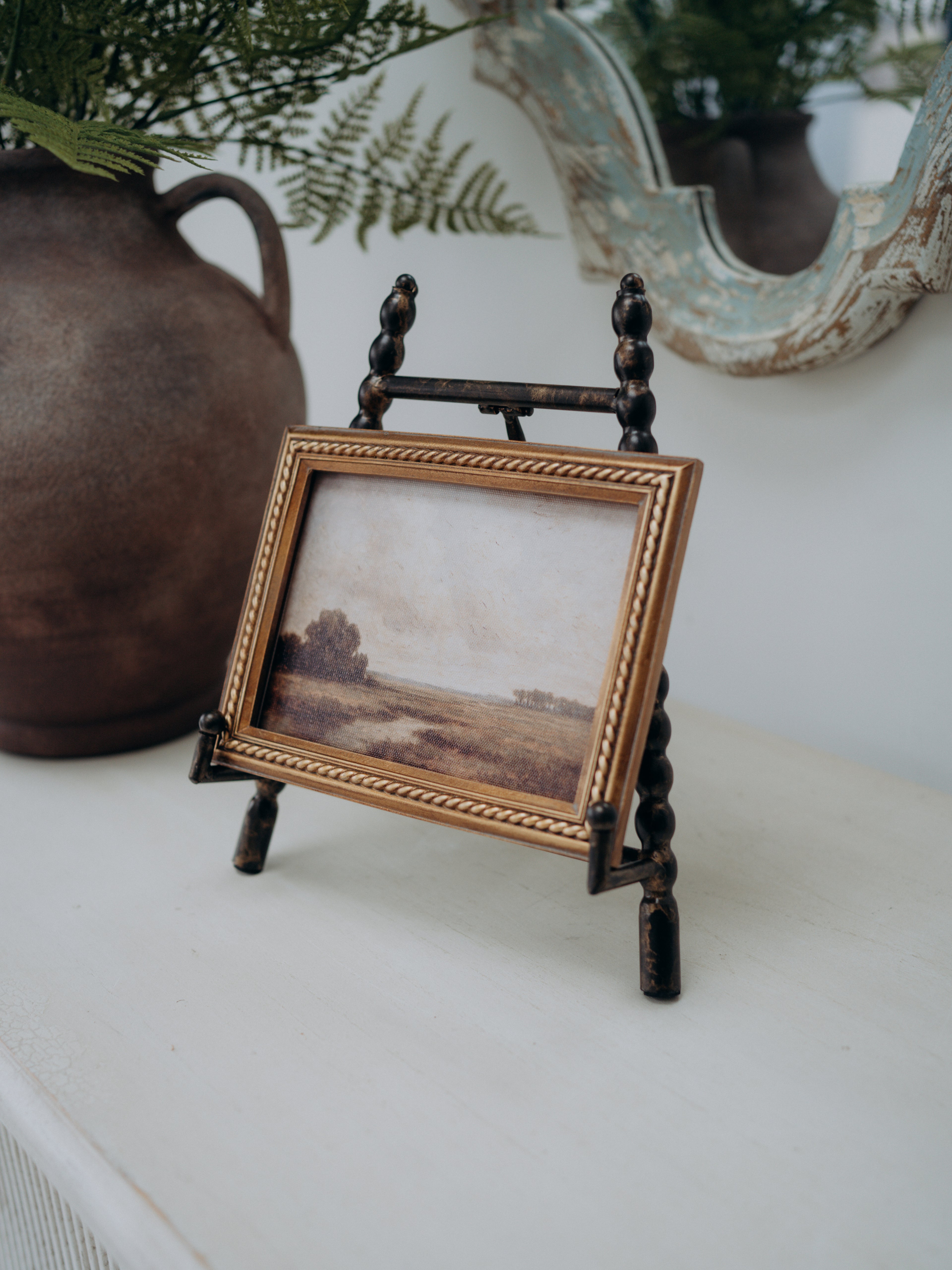 Antique Gold Beaded Mini Easel with bronze finish and rustic artwork