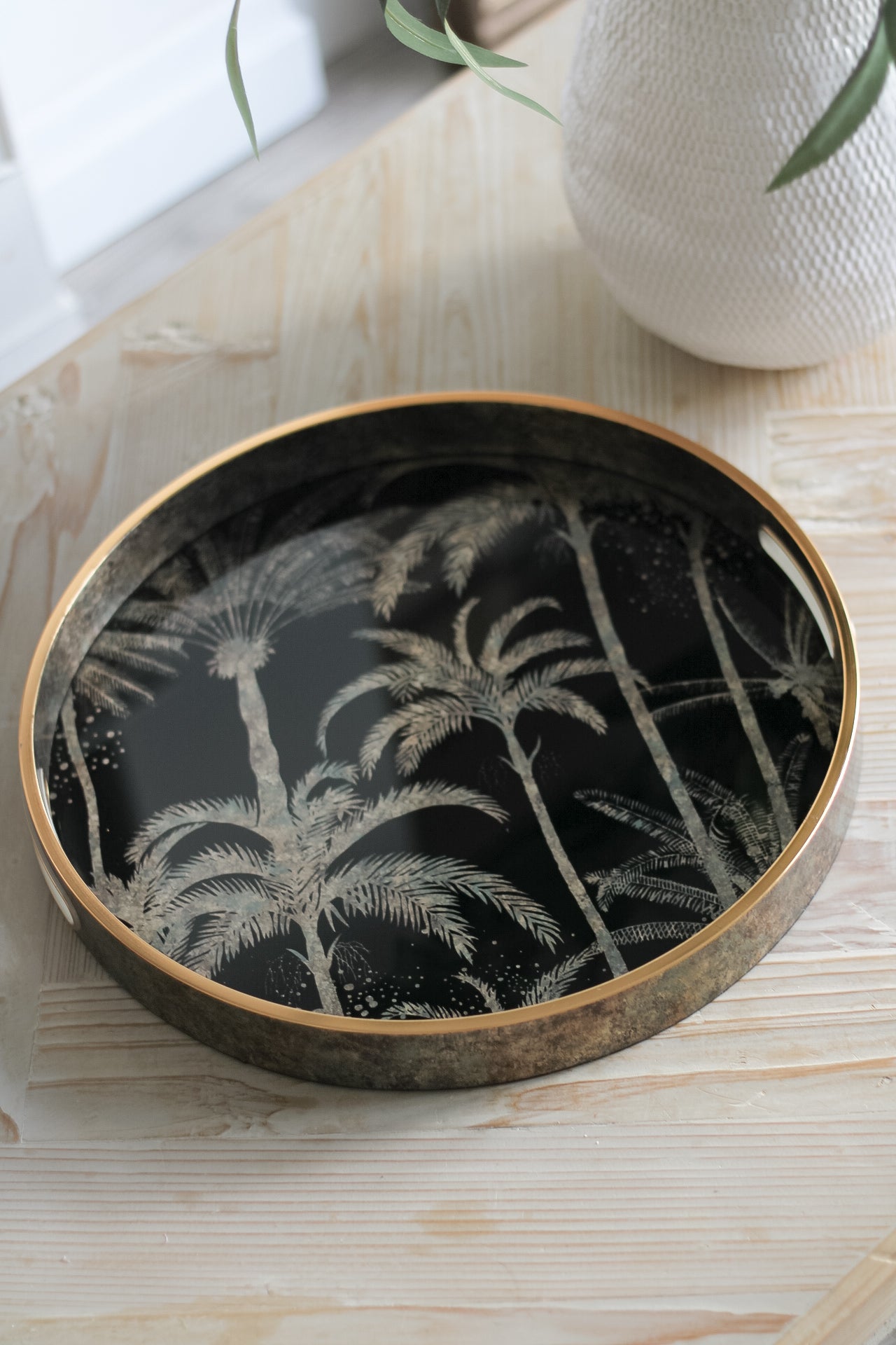 black base round coffee table tray with golden palm tree design