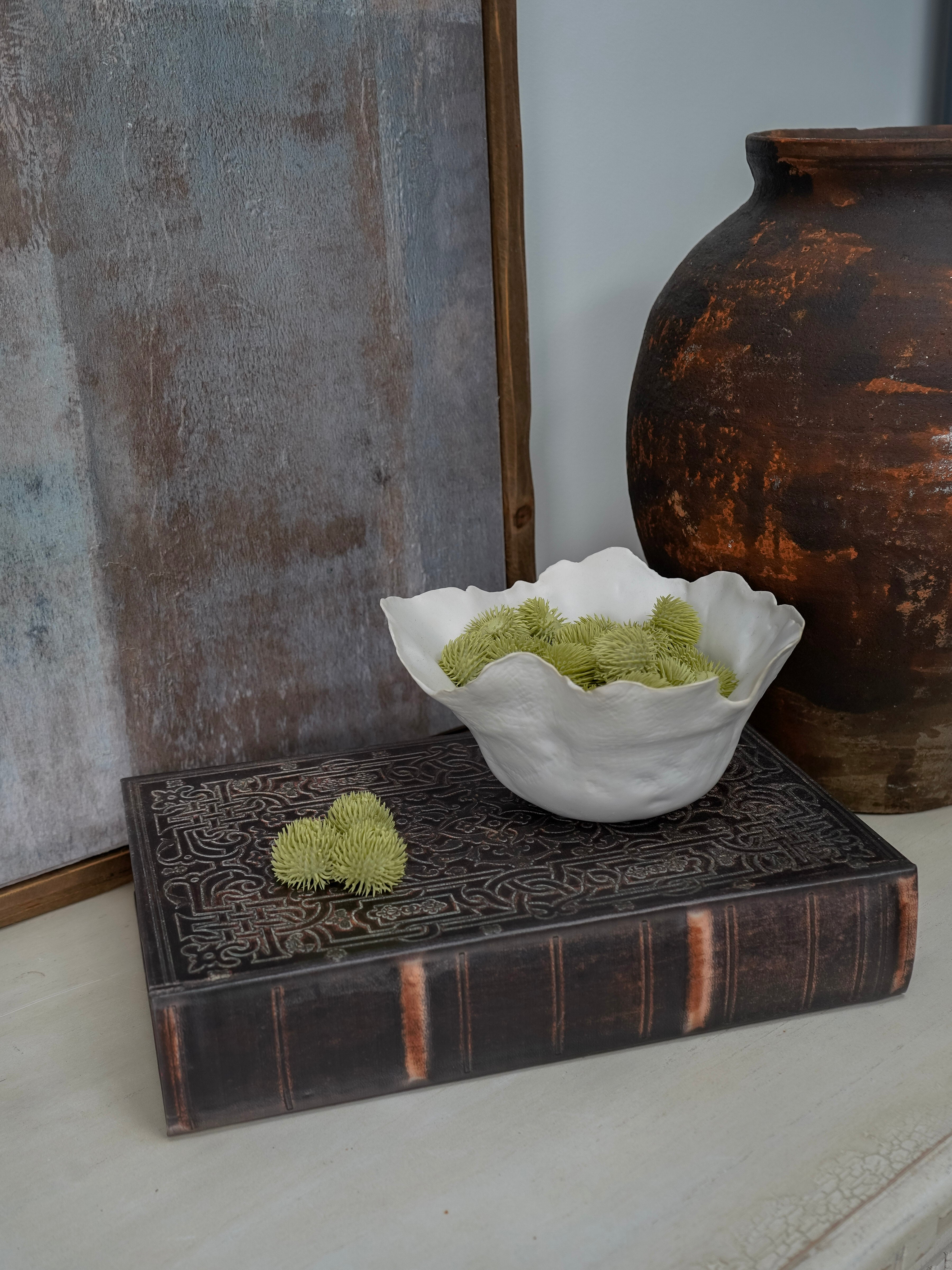 White bowl with green moss on a dark wooden surface, with a textured wall and vase in the background.