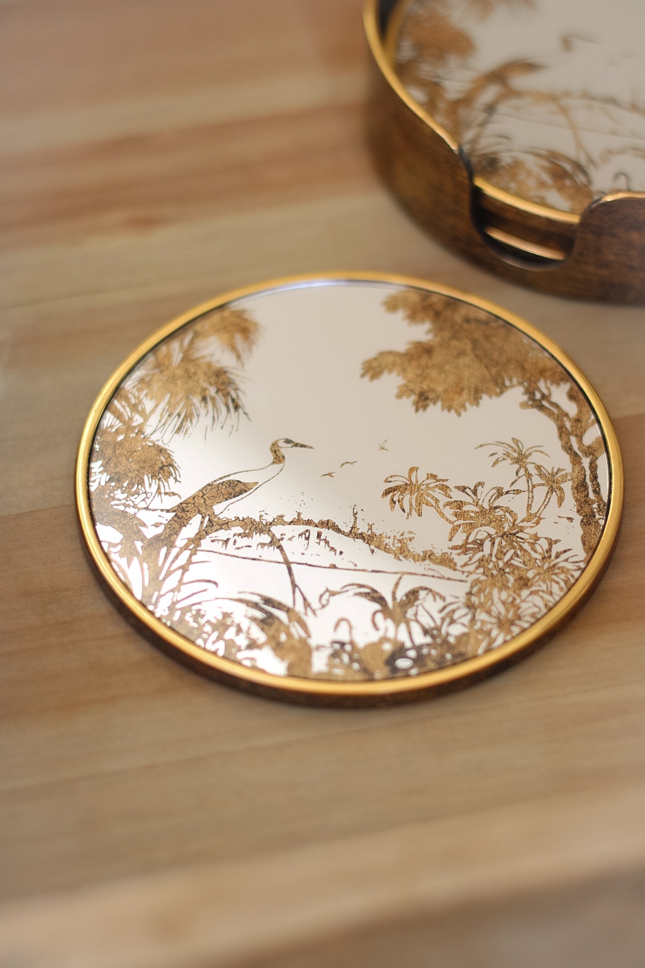 Antique Round Mirrored Grasses Gold Coasters for home decor