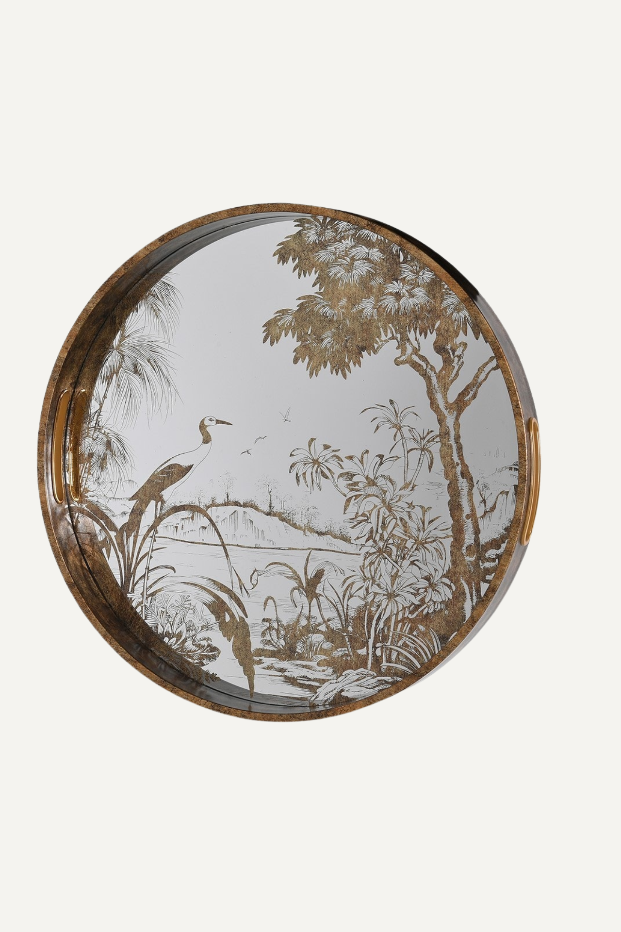 Antique Round Mirrored Grasses Gold Tray 001