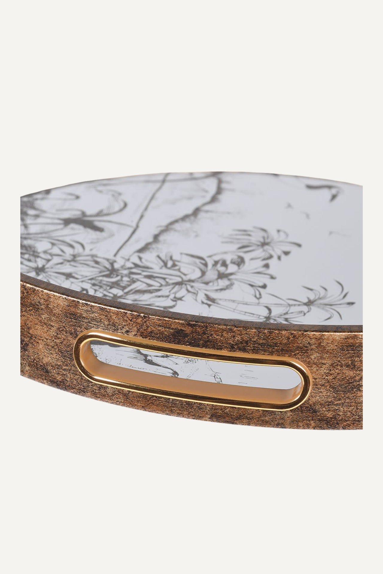 Antique Round Mirrored Grasses Gold Tray 002