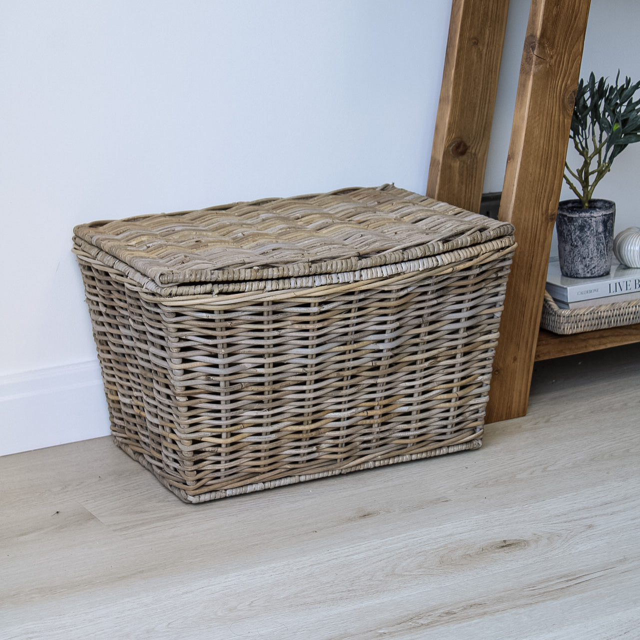 Grey Washed Lidded Rattan Wicker Basket