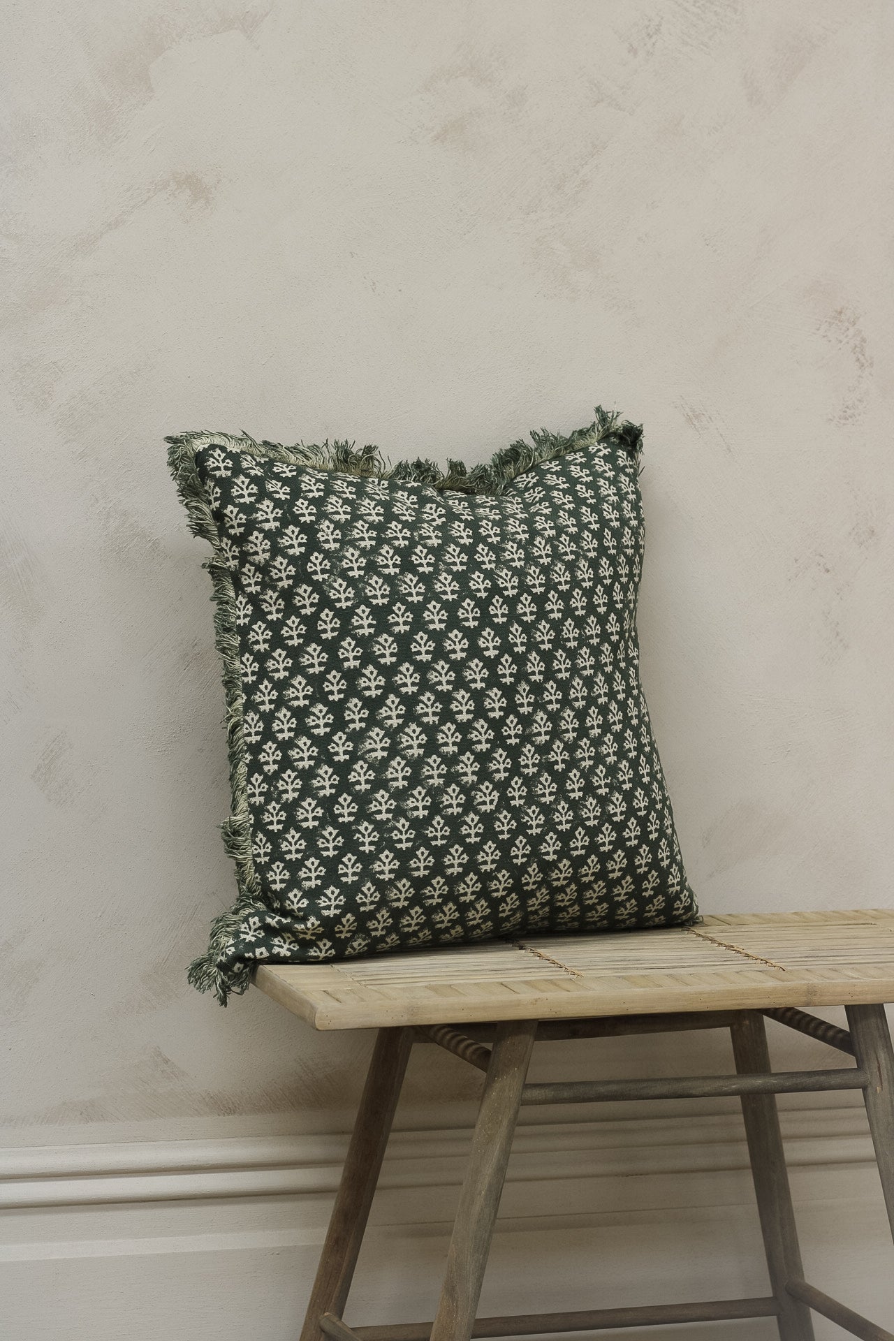 Hunter Green Block Print Fringed Cushion