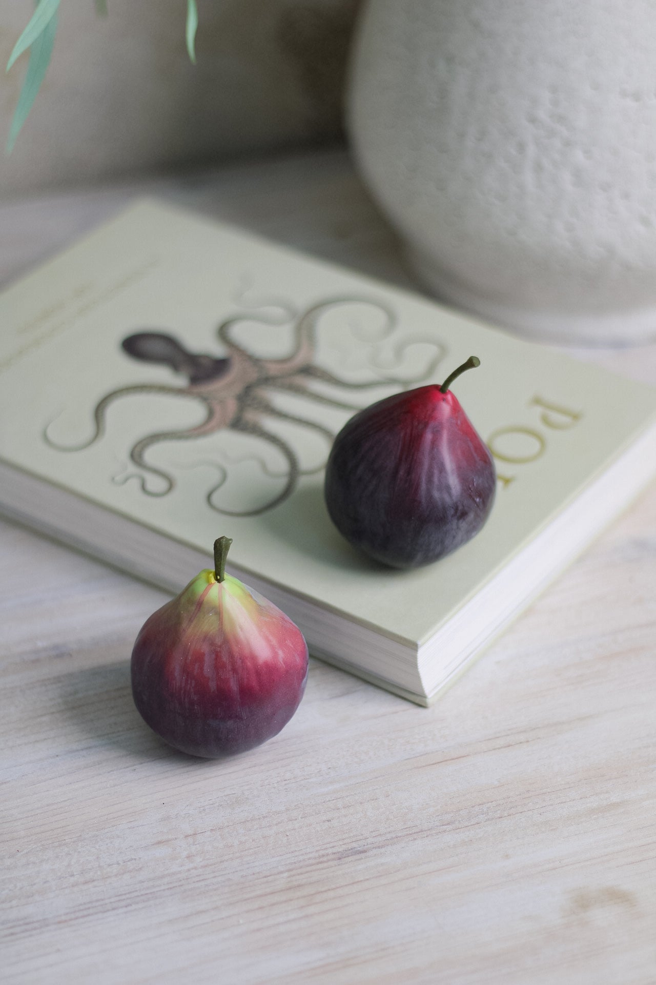 Decorative faux figs on coffee table book