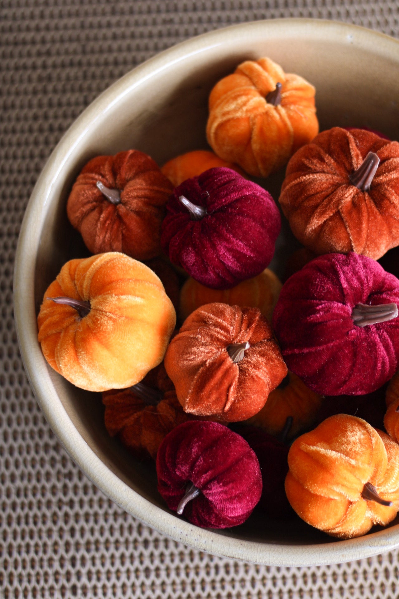 Colorful velvet pumpkins in a bowl on a textured surface